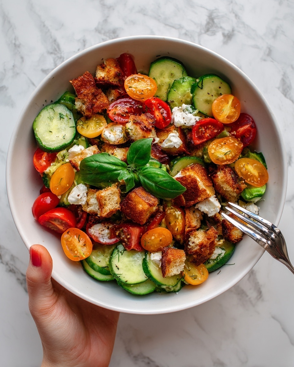 The image shows a white bowl filled with a colorful salad on a white marbled surface. The salad has three main layers: the bottom layer has green cucumber slices scattered around, the middle layer has red and orange cherry tomato halves placed over the cucumbers, and the top layer has golden brown crispy bread pieces and small white cheese crumbles sprinkled evenly. A fork is resting on the right side inside the bowl, and a woman's hand is holding the fork. The bowl also has a few fresh green basil leaves on top for garnish. Photo taken with an iphone --ar 4:5 --v 7