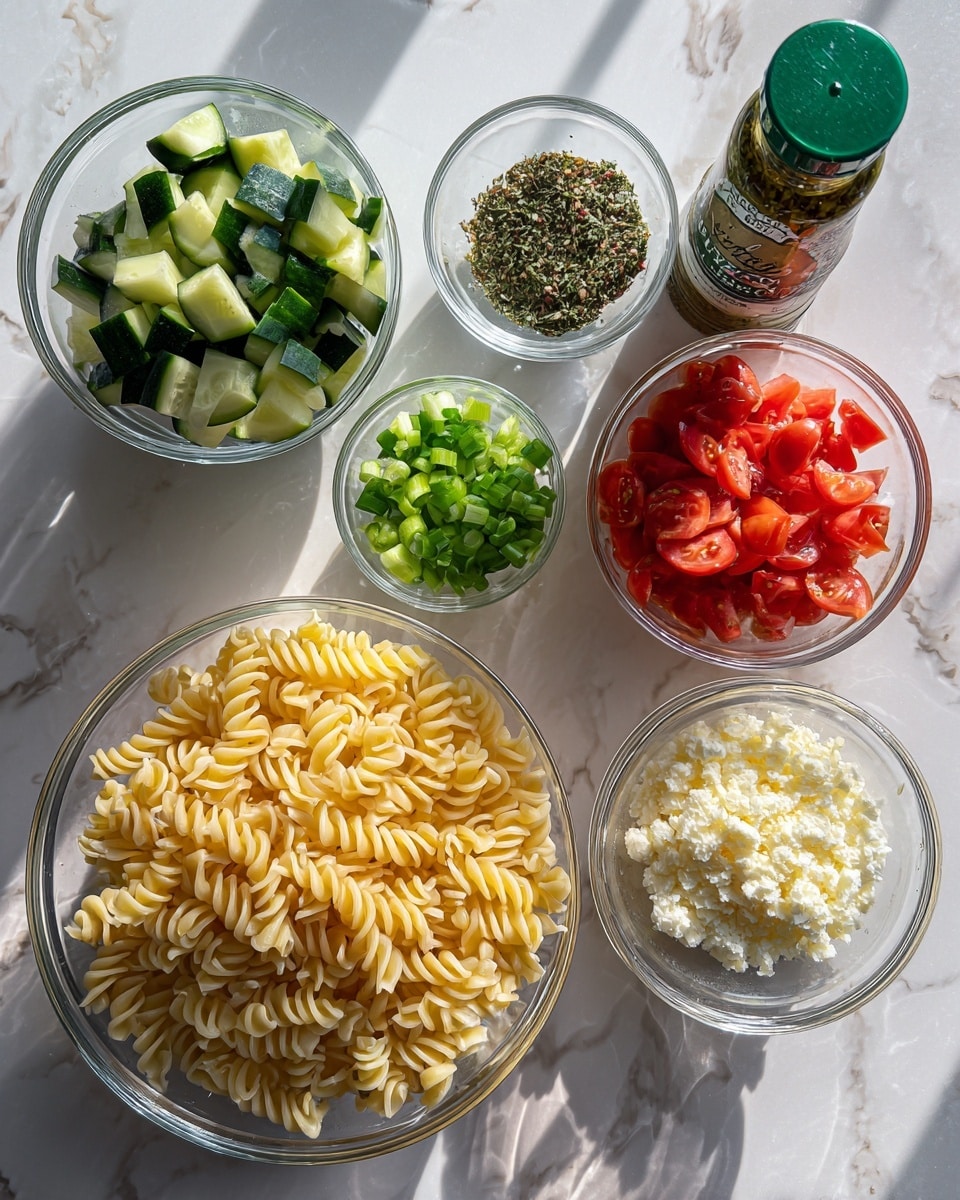 The image shows six small clear glass bowls placed on a white marbled surface, each holding different ingredients for a pasta dish. One large bowl at the bottom left is filled with pale yellow spiral pasta. To its left, a big bowl holds chopped green cucumber pieces with dark green skin. Above and centered is a small bowl with chopped green onions, showing light and dark green circular pieces. To the right, a small clear container holds crumbly white grated cheese. Next to it, a small bowl is full of diced red tomatoes, with bright and juicy textures. Also visible is a bottle of Italian dressing with a green cap, placed in the top right corner. Near the cheese container, a tiny clear bowl holds dry mixed Italian herbs with green and brown bits. The setup is clean and well organized, with bright natural lighting. Photo taken with an iphone --ar 4:5 --v 7
