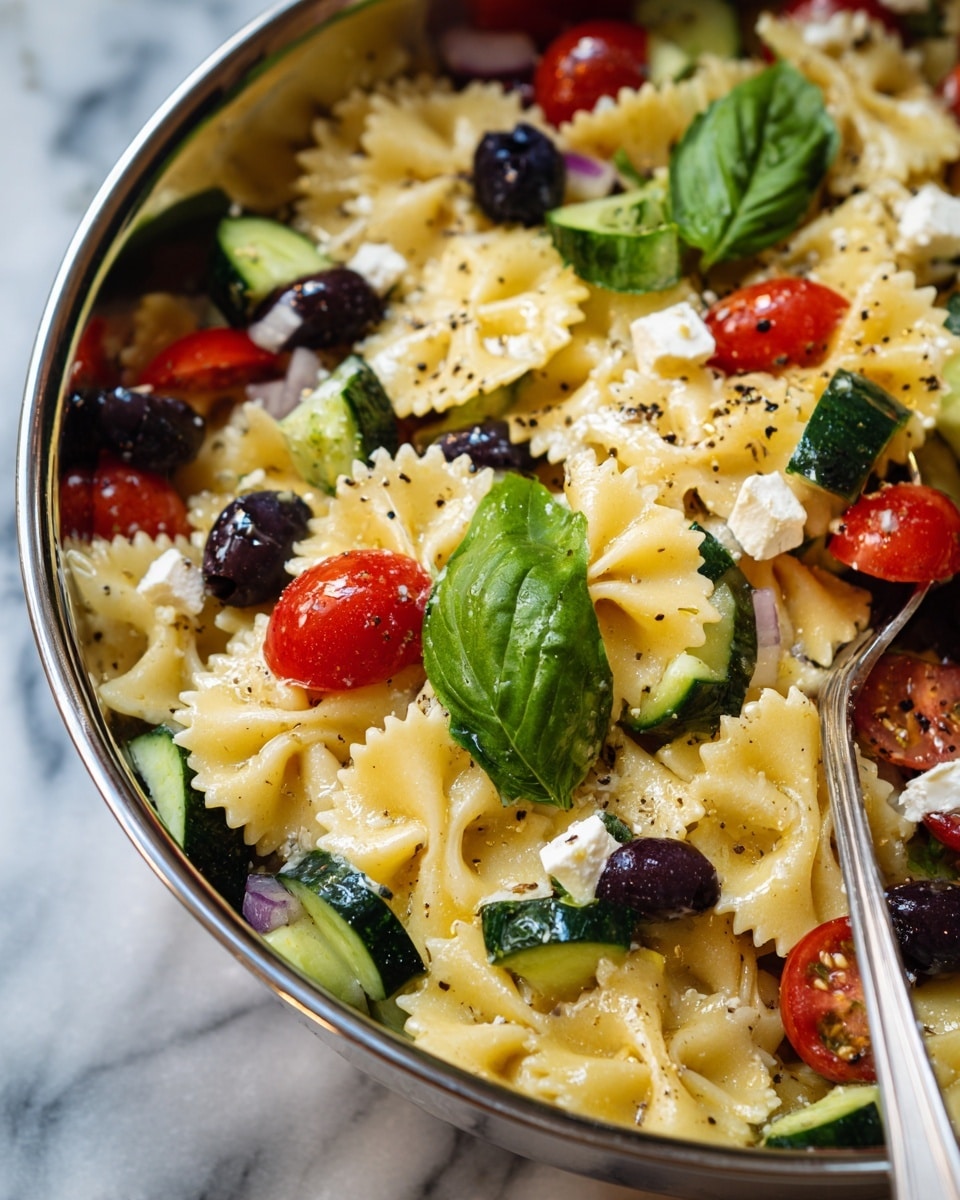 A close-up view of a pasta salad in a shiny metal bowl shows multiple layers: a base of light yellow bowtie pasta scattered with small white cubes of feta cheese; bright red halved cherry tomatoes spread evenly; thin green cucumber slices mixed throughout; dark purple black olive pieces adding contrast; and fresh green basil leaves placed on top. The pasta has a light, glossy coating and is sprinkled with black pepper. A spoon is partially visible on the right side, holding some of the salad. The bowl sits on a white marbled surface photo taken with an iphone --ar 4:5 --v 7