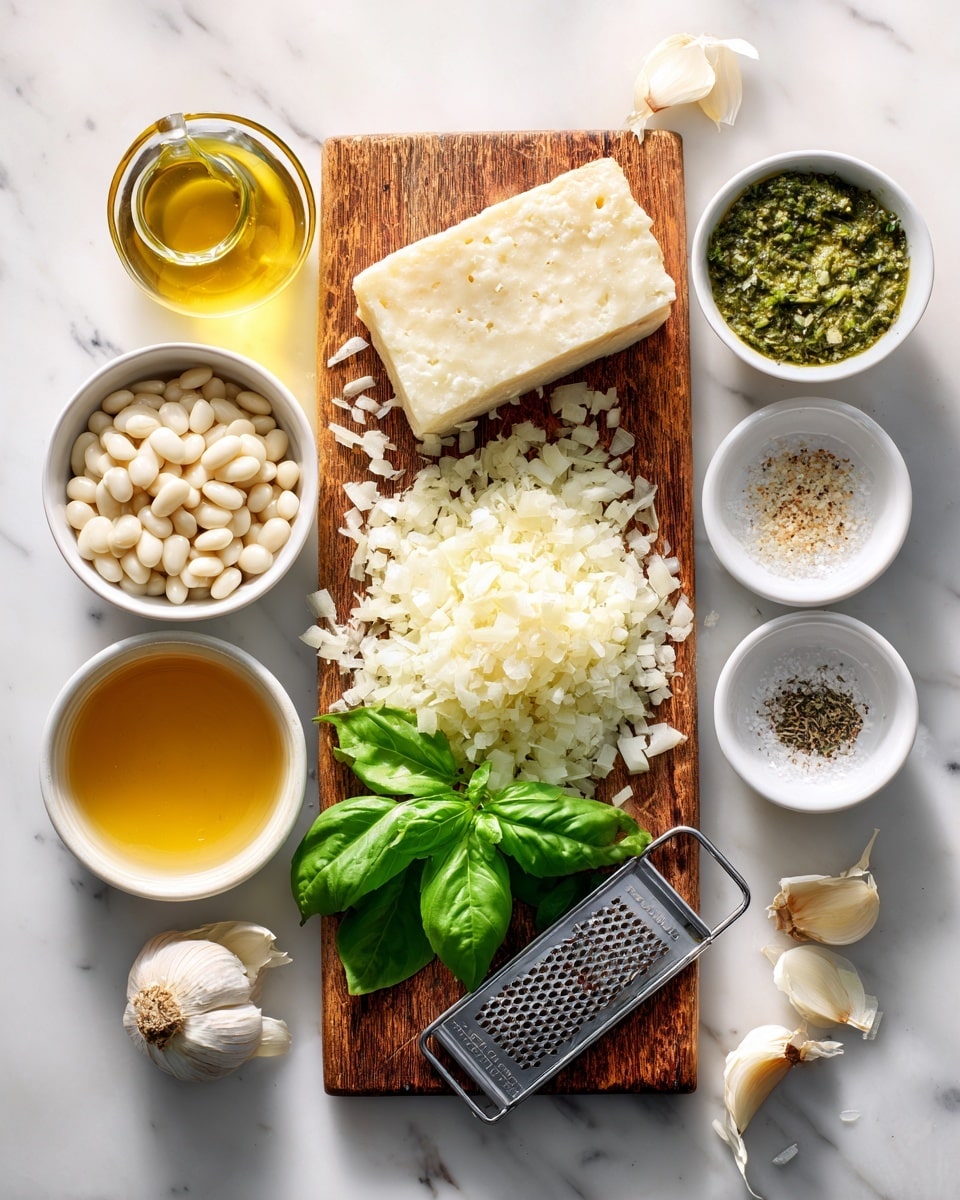 The image shows a white marbled surface with a wooden cutting board holding a pile of finely chopped shallots, a whole block of parmesan cheese, and fresh basil leaves. Surrounding the board are small white bowls filled with white beans, green pesto sauce, crushed black pepper, salt, sliced garlic, and dried herbs. A clear cup contains a golden liquid, likely broth, and a small glass bottle holds olive oil. There is also a metal grater next to the cutting board. The setup is neat and organized, ready for cooking. photo taken with an iphone --ar 4:5 --v 7