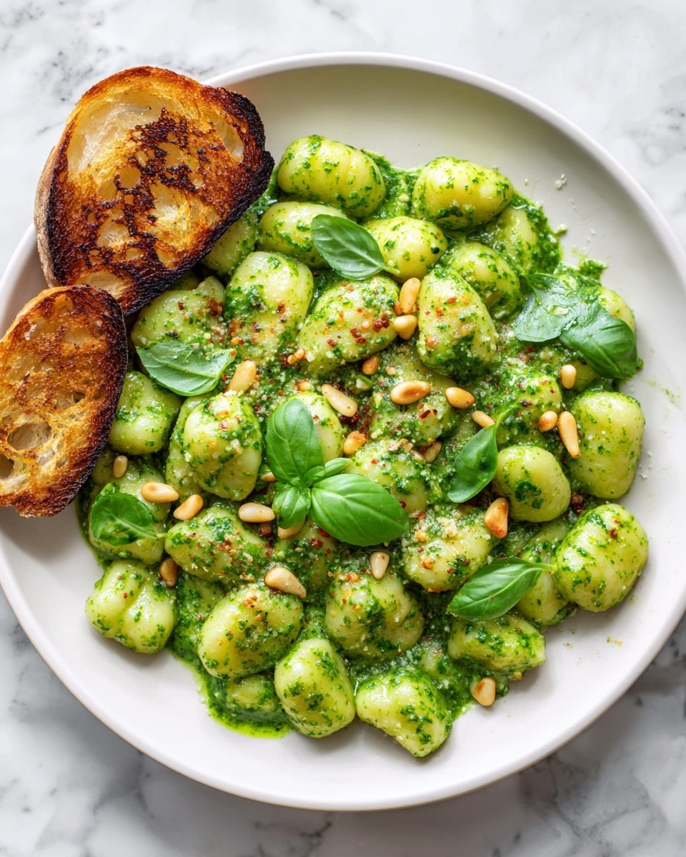 The image shows a white plate filled with gnocchi pasta covered in a thick green pesto sauce. The gnocchi pieces are rounded and soft-looking, coated evenly with the smooth, bright green sauce. Mixed in are some pine nuts scattered on top, adding a light tan color and a crunchy texture contrast. A few fresh basil leaves are also visible, offering a deeper green shade that stands out against the pesto. Two slices of toasted bread, with a golden brown color and some darker grill marks, rest on the edge of the plate. The background is a white marbled texture. Photo taken with an iphone --ar 4:5 --v 7