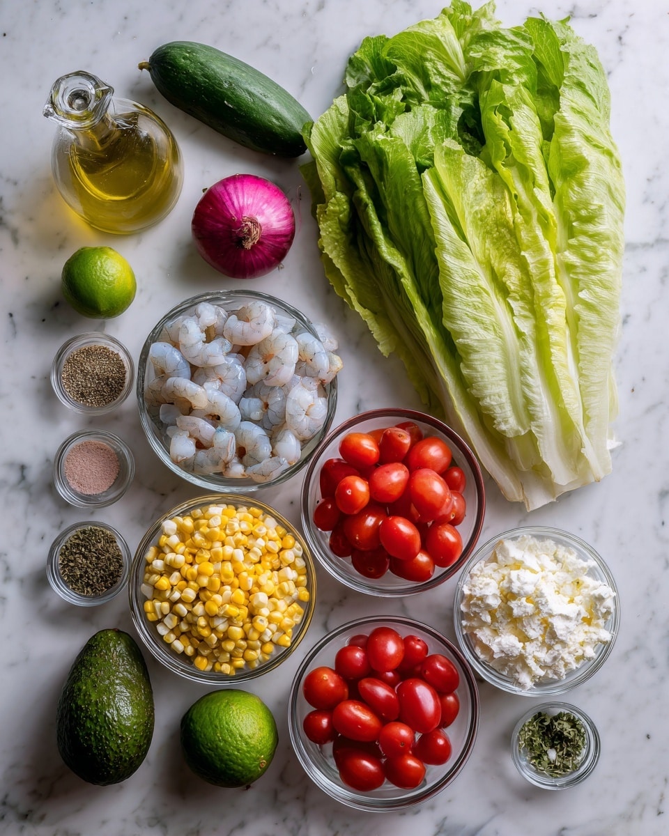 The image shows fresh ingredients for a salad laid out on a white marbled surface. There are two small cucumbers and a whole red onion near the center top. To the right, a large bunch of green romaine lettuce is placed vertically. In the middle, there are clear glass bowls with bright red grape tomatoes, yellow corn kernels, white creamy dressing, and soft white cheese. On the left, a clear bowl contains raw shrimp with a light gray color. Next to the shrimp, a dark green avocado and a small green lime are placed. Two small bowls with mixed spices and herbs add touches of brown, white, and black colors. At the top left, a glass bottle with light golden olive oil completes the set. The scene is bright and fresh, arranged neatly with each item visible and colorful photo taken with an iphone --ar 4:5 --v 7