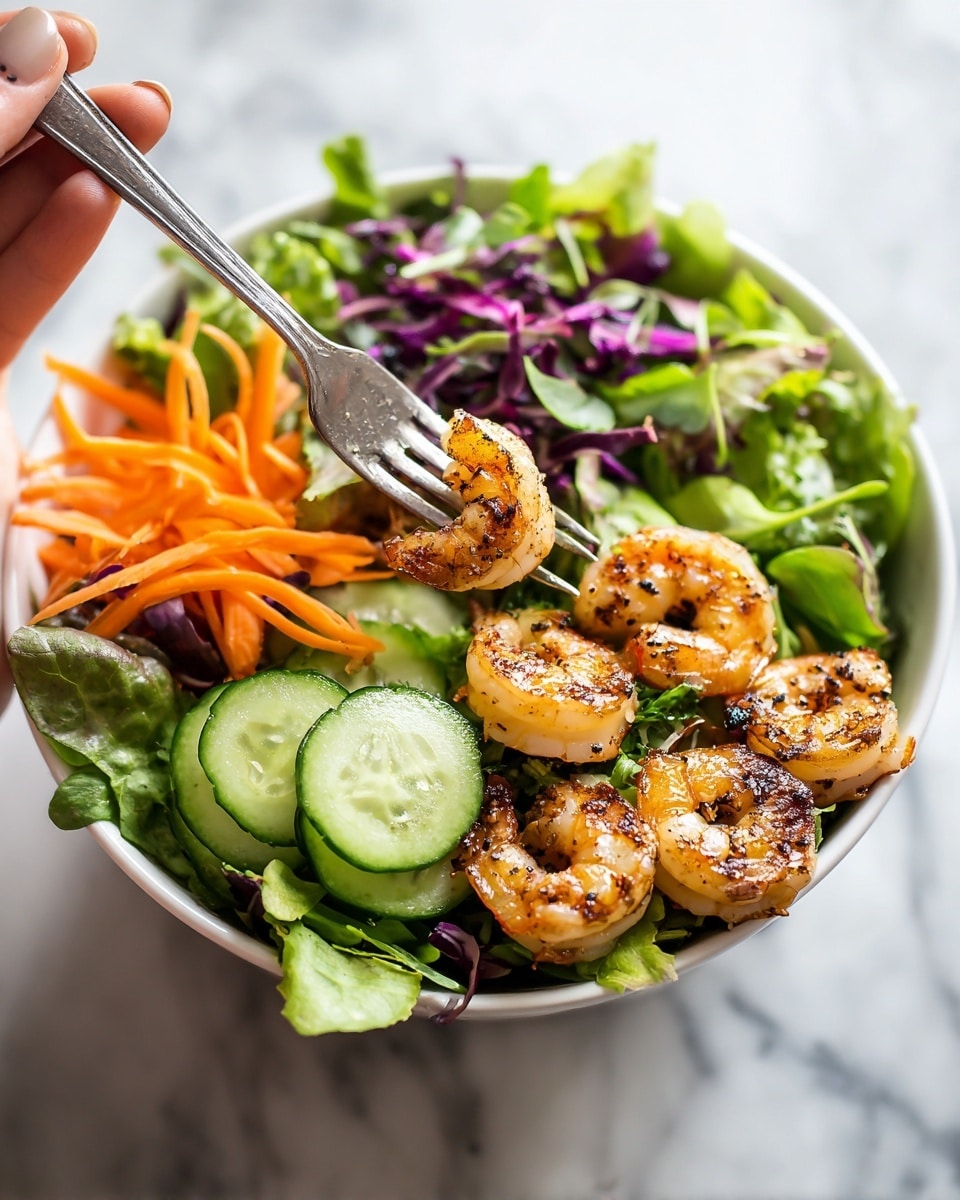 A white bowl filled with a fresh salad is shown on a white marbled surface. The salad has three layers: the bottom layer is mixed green leaves with some purple leaves scattered around, the middle layer contains sliced cucumbers and orange carrot sticks, and the top layer has grilled shrimp, lightly browned with char marks. A woman's hand holds a fork above the bowl, about to take a bite. photo taken with an iphone --ar 4:5 --v 7