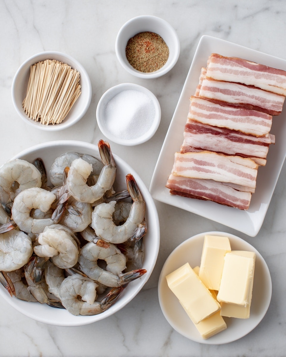A white bowl on the left is filled with peeled raw shrimp showing a mix of gray and white colors with tails still on; next to it on the right is a white rectangular dish with two neat stacks of pink and white raw bacon slices, the fat and meat clearly visible in layers; above the shrimp bowl are two small white bowls, one holding light brown sugar and the other divided into quarters containing white salt, black pepper, and red paprika; below the bacon dish on the right are two more small white bowls, one with several thick pale yellow butter slices and the other filled with a bundle of wooden toothpicks; all items are arranged evenly on a white marbled textured surface photo taken with an iphone --ar 4:5 --v 7