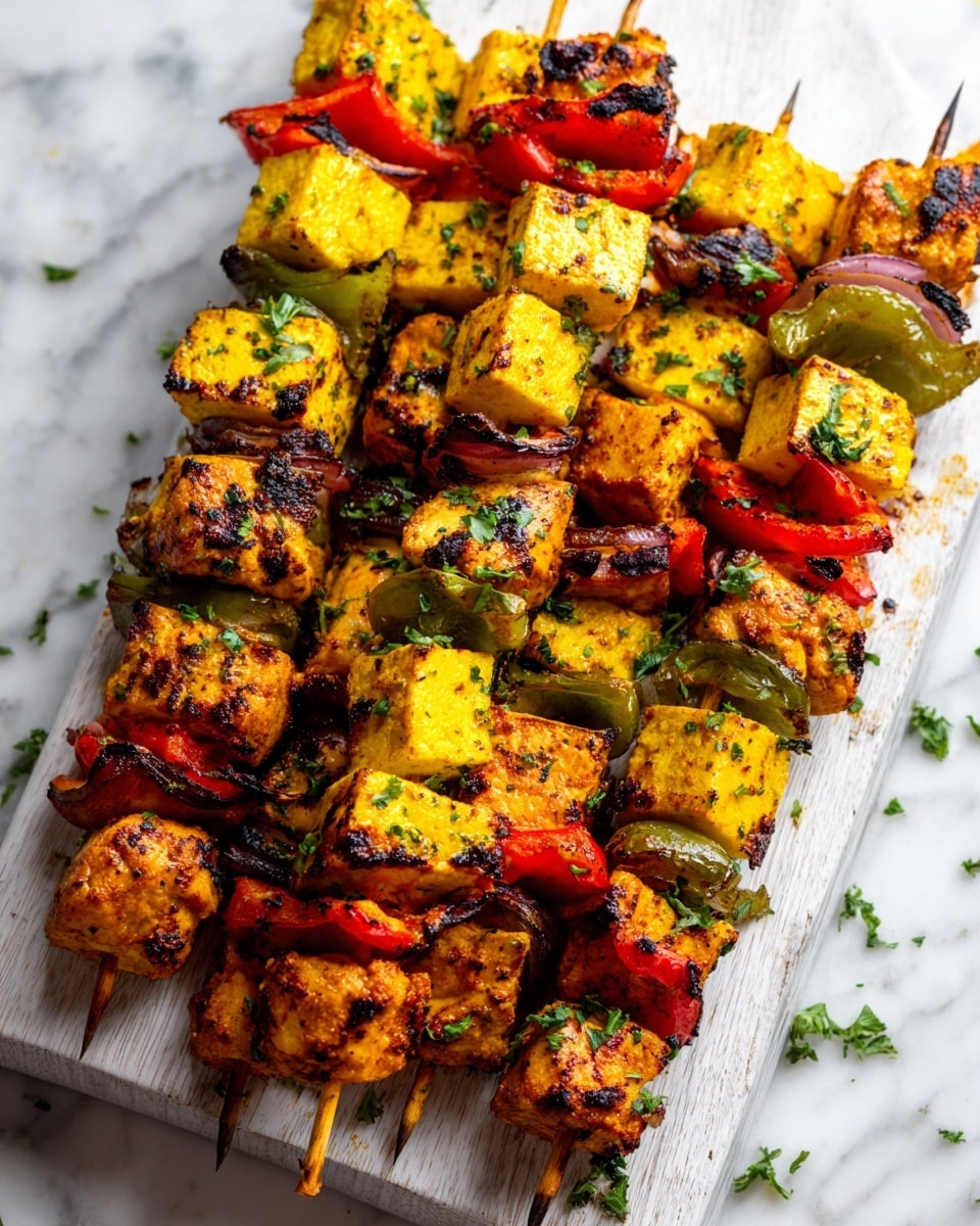 The image shows several skewers piled on a white wooden board, each skewer full of grilled pieces. The skewers have a mix of golden yellow cubes, reddish-orange chicken pieces, bright red and green bell peppers, and grilled onions with light browning. The chicken pieces have a slightly charred look with visible grill marks, and the vegetables have a shiny, cooked texture. Some green herbs are sprinkled on top, adding color contrast. The background has a white marbled surface, and the lighting is bright, making the food look fresh and tasty. photo taken with an iphone --ar 4:5 --v 7