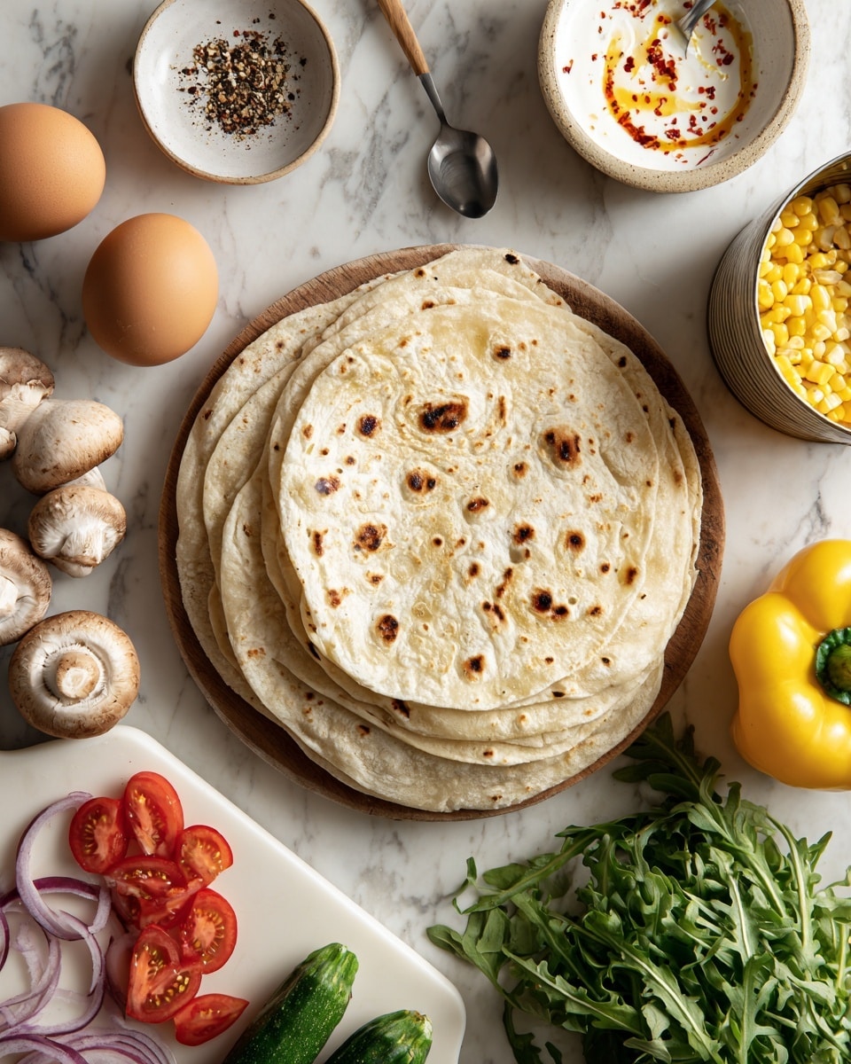 A white marbled surface holds four stacked pale beige tortillas in the center with light toasted spots. Around them are three brown eggs in the top left, a small white plate with coarse black pepper and chili flakes near the eggs, and a small beige bowl with a white sauce and a red drizzle with a spoon. To the right, there is an open can of bright yellow corn and a bunch of fresh green arugula. Below, five light brown mushrooms sit beside a dark green cucumber half. A large yellow bell pepper is near the bottom center. At the bottom left, a white cutting board displays sliced red and yellow cherry tomatoes and thin purple onion rings. photo taken with an iphone --ar 4:5 --v 7