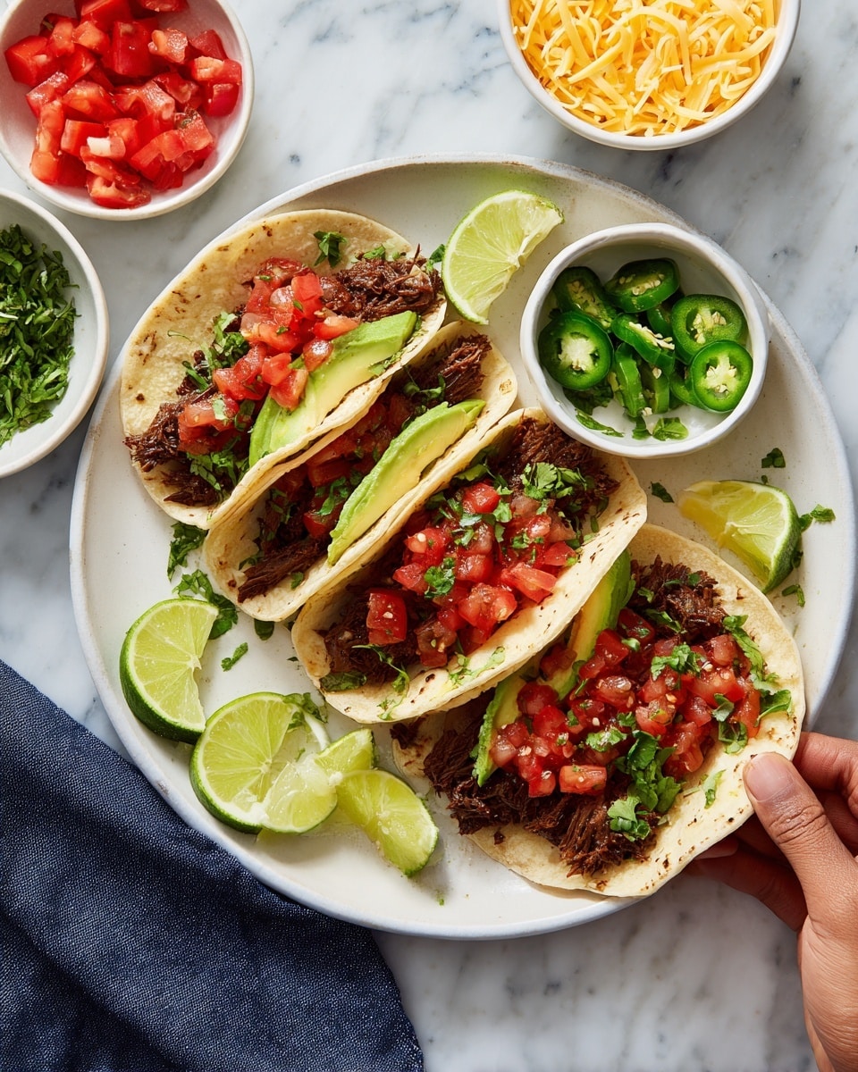 The image shows a white plate with five tacos arranged in a spread. Each taco has a soft tortilla base with three main layers: the bottom layer is filled with dark brown grilled meat, followed by a layer of bright red diced tomatoes mixed with green cilantro, and topped with curved slices of pale green avocado. On the side of the plate, there are three small white bowls containing shredded yellow cheese, sliced red tomatoes with green herbs, and sliced green jalapeños. Several lime wedges rest on the plate and nearby on the white marbled surface. A woman's hand is holding one taco from the bottom left side of the plate. A navy blue napkin lies on the left edge of the scene. Photo taken with an iphone --ar 4:5 --v 7