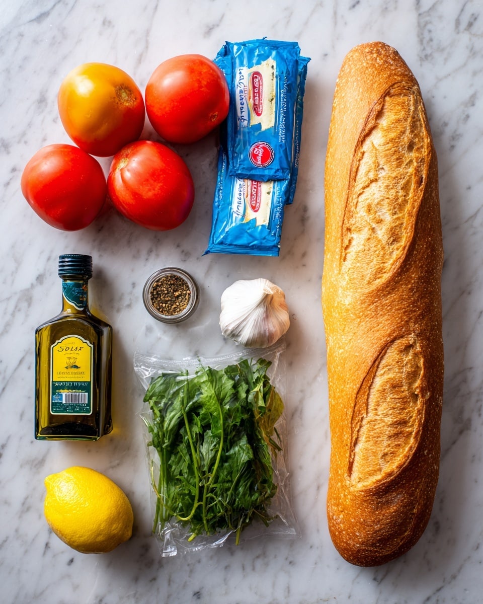 The image shows ingredients neatly arranged on a white marbled surface. On the right side, there is a long, golden-brown loaf of bread with a crisp crust. To the left of the bread, two small blue packets of cheese sit above a bunch of fresh green leafy greens in clear packaging. Above the cheese and greens are three red and orange ripe tomatoes and one white garlic bulb clustered together. On the far left side, there is a dark green bottle of olive oil and a small clear jar with a yellow and green label containing spices. A bright yellow lemon lies near the top center of the image. The colors range from golden, red, green, white, and yellow, all set against the clean white marbled background. photo taken with an iphone --ar 4:5 --v 7