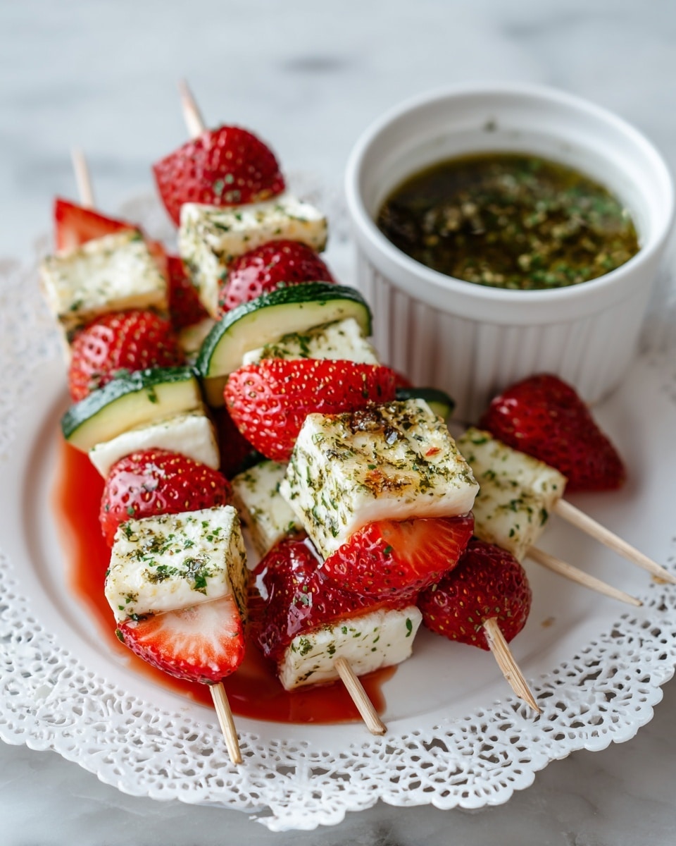 This image shows a white round plate with a lace paper doily underneath the food. There are three wooden skewers on the plate, each with layers of bright red strawberries, light green zucchini pieces, and grilled white cheese cubes speckled with green herb pieces. The skewers rest on a thin layer of reddish sauce. On the side of the plate is a small white bowl filled with green herb sauce. The plate sits on a white marbled surface. Photo taken with an iphone --ar 4:5 --v 7