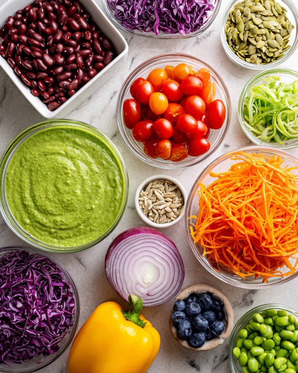 The image shows a variety of fresh ingredients arranged neatly on a white marbled surface. There is a white bowl filled with dark red kidney beans, a clear square glass bowl with bright red cherry tomatoes, and a clear round glass bowl with shredded orange carrots. Next to these is a large white bowl filled with a smooth, green sauce. A small glass bowl holds finely chopped purple cabbage. On the surface, there is also a yellow bell pepper, a pile of fresh blueberries, a halved red onion with visible layers, a green cucumber, a small handful of light green edamame beans, some sunflower seeds, and a few green onions. All the items are placed in an organized way, showing a mix of vibrant colors and textures. photo taken with an iphone --ar 4:5 --v 7