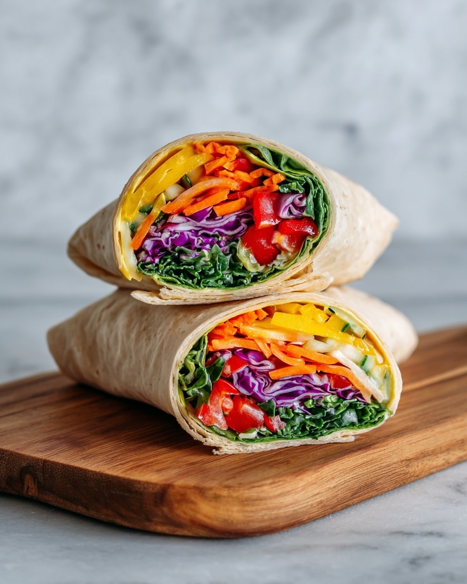 The image shows two wrap halves stacked on top of each other on a wooden board. Each wrap has a soft, light beige tortilla. Inside, there are colorful layers from bottom to top: green leafy spinach, thick yellow bell pepper slices, orange carrot strips, thin red cabbage pieces, and small red tomato chunks. The wrap looks fresh, bright, and healthy. The background is a white marbled texture. Photo taken with an iphone --ar 4:5 --v 7