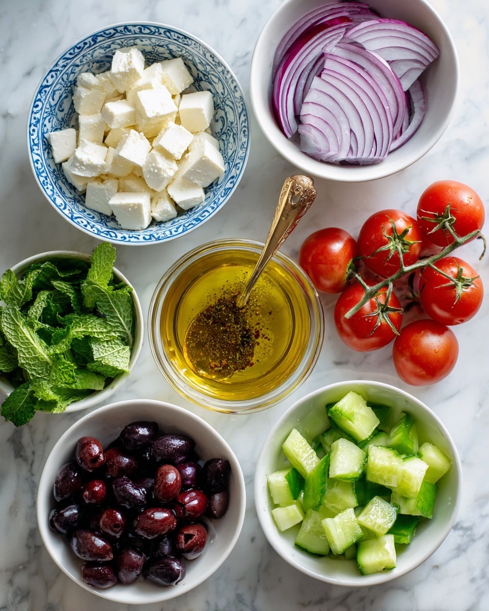 The image shows an arrangement of fresh ingredients on a white marbled surface. At the top center, there is a white bowl filled with small white cheese cubes. To the top right, a white bowl with blue rim holds sliced purple onions with visible layers and texture. Below and to the right, bright red cherry tomatoes still attached to green stems are placed directly on the surface. At the center, a small glass bowl contains a golden yellow oil-based dressing with herbs, with a gold spoon resting in it. To the left, another white bowl with blue patterned rim holds fresh green mint leaves. Below that, a white bowl is filled with dark purple black olives, smooth and shiny. Further down, a white bowl has curved slices of green cucumber with dark skin. At the bottom right, a white bowl contains chopped green bell peppers in chunky pieces. All objects are clearly separated on the white marbled textured background. photo taken with an iphone --ar 4:5 --v 7