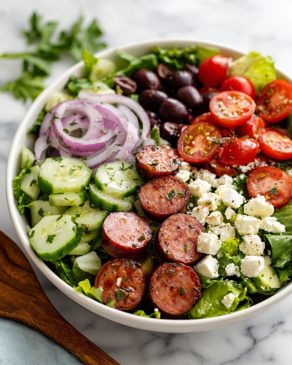 A fresh salad in a white bowl on a white marbled surface with a wooden spoon nearby. The salad has multiple layers: the bottom layer is green leafy lettuce, topped with chopped cucumbers and sliced red onions scattered around. On top of that, there are halved cherry tomatoes showing bright red color, and small round slices of sausage with a reddish-brown color placed evenly. Sprinkled over everything are small pieces of white cheese and black olives. The photo taken with an iphone --ar 4:5 --v 7