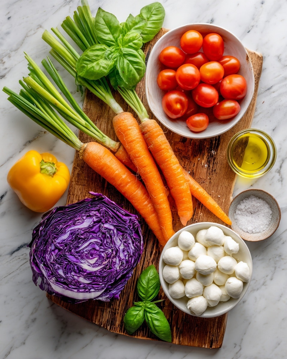 The image shows a wooden board with fresh vegetables and ingredients arranged neatly on a white marbled surface. On the board, there are bright orange carrots with their green tops, a wedge of purple cabbage with visible texture, and a bunch of green spring onions. Next to the board, there is a white bowl filled with small, round cherry tomatoes that are shiny and red. Another white bowl holds small white mozzarella balls. A yellow bell pepper sits whole nearby. Two small glass containers with golden olive oil are placed on the wooden board. Some green leafy basil is also arranged on the board, and a small glass bowl with coarse salt can be seen. The photo taken with an iphone --ar 4:5 --v 7