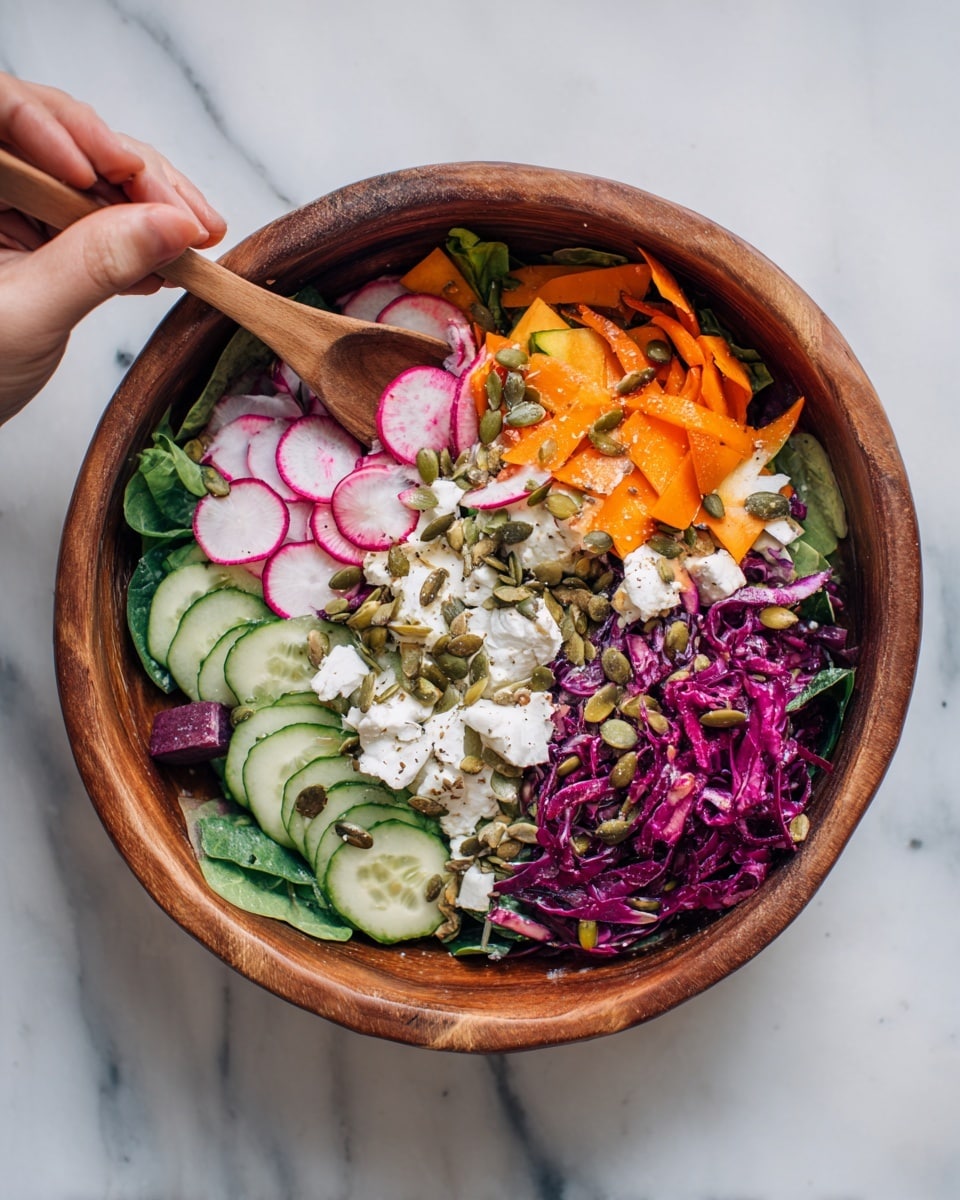 A wooden bowl filled with a colorful salad placed on a white marbled surface. The salad has several layers: the bottom layer is a mix of green leafy vegetables, topped with sliced cucumbers, radishes, and bright orange carrot slices. Scattered on top are small chunks of white cheese and pumpkin seeds, with bits of purple shredded cabbage adding a deep color contrast. A woman's hand is holding a wooden spoon, ready to scoop the salad. The overall look is fresh and natural with a mix of soft and crunchy textures, vibrant colors of green, orange, purple, white, and brown. photo taken with an iphone --ar 4:5 --v 7