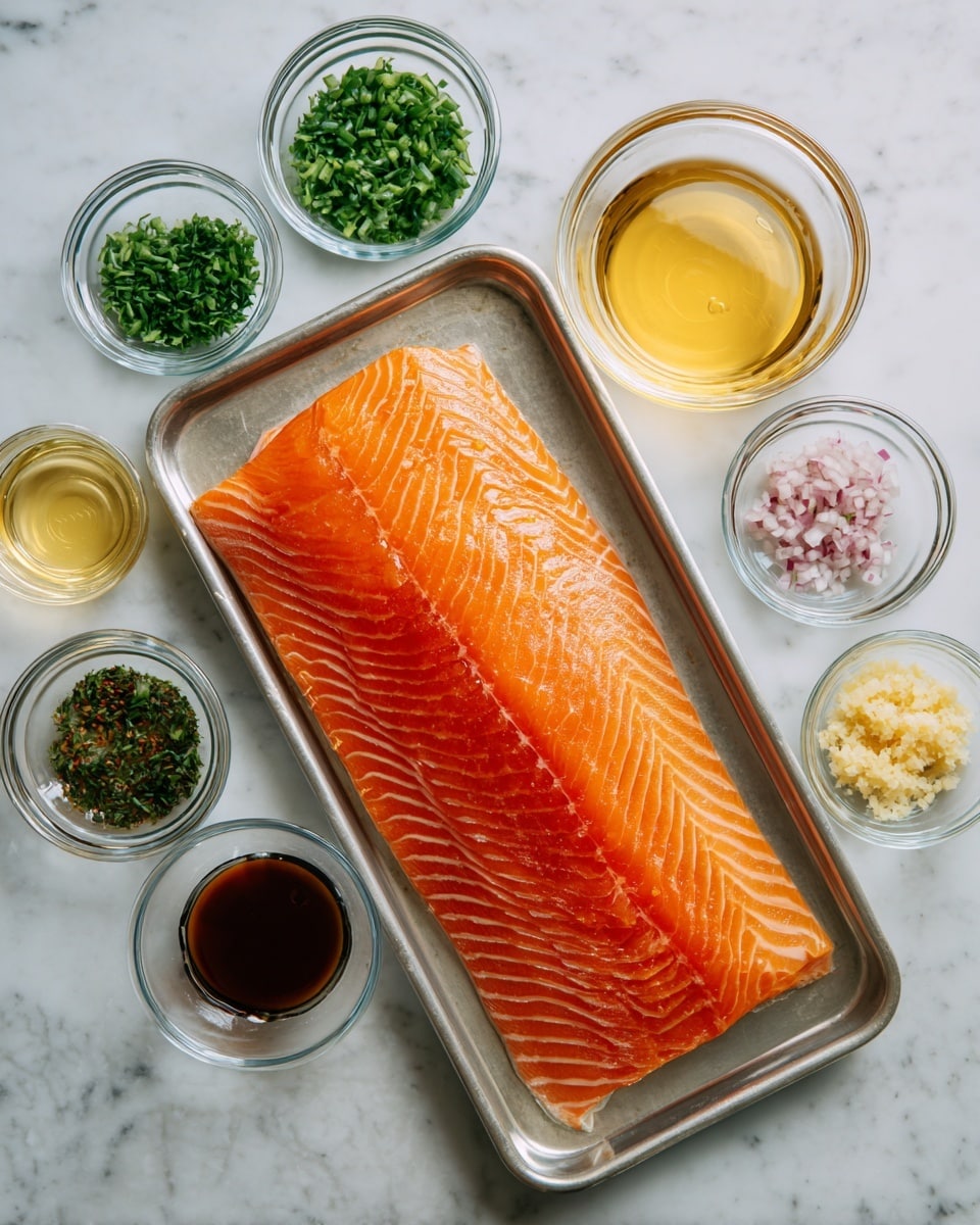 A large, fresh salmon fillet with bright orange and white marbled lines lies flat in a metal tray on a white marbled surface. Surrounding the tray are eight small clear glass bowls containing different ingredients: finely chopped green herbs at the top center, light yellow liquid to the left, thick golden honey or syrup at the top right, pale pink finely chopped shallots next, small amounts of clear liquid, dark soy-like sauce, a lighter brown sauce, and minced pale yellow garlic at the bottom right. The scene is clean and organized with natural lighting. photo taken with an iphone --ar 4:5 --v 7