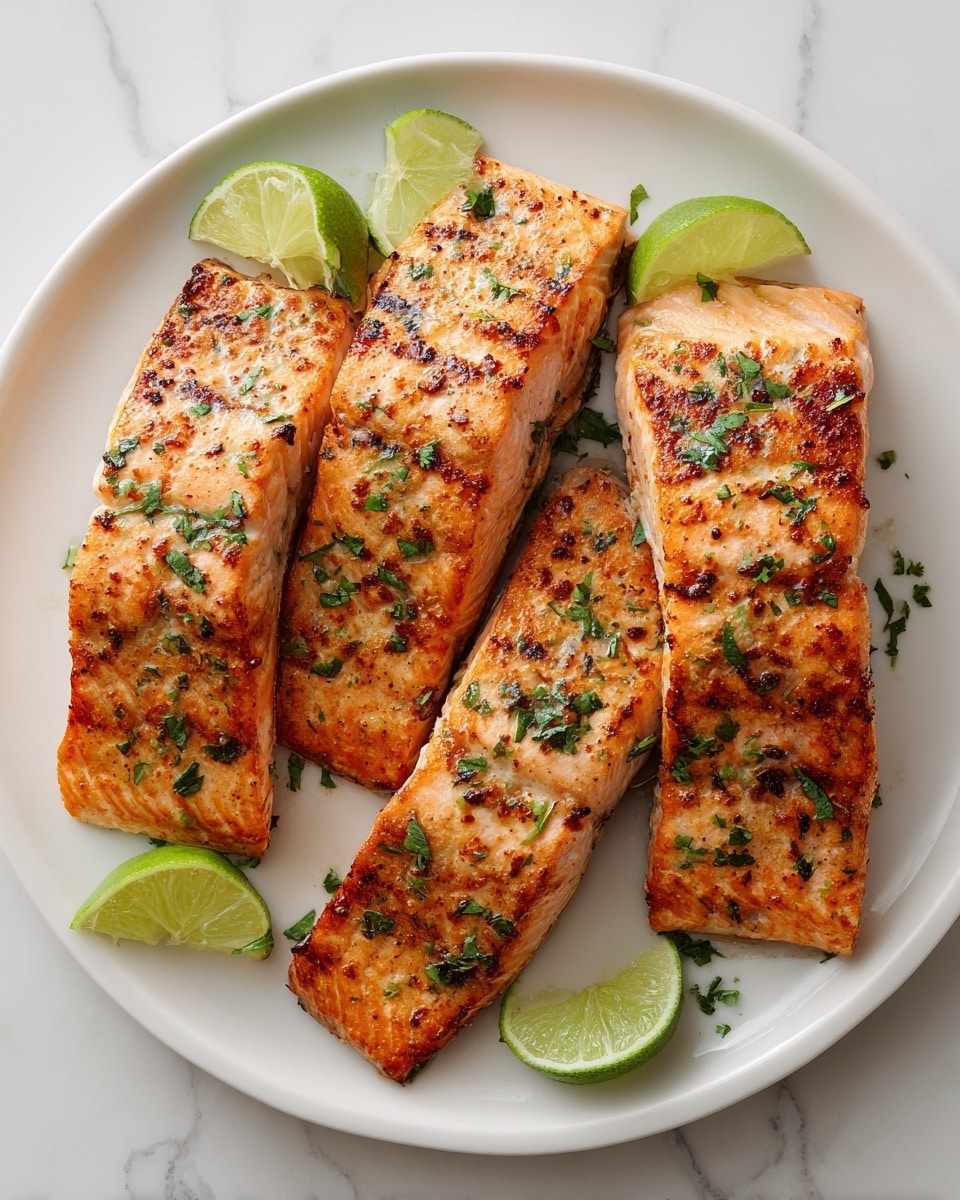 The image shows four pieces of cooked salmon fillets on a white plate. Each fillet has a golden-brown crust with visible grill marks and a slightly crispy texture. The salmon skin is facing down, and the pink flesh is slightly flaky. Small green herb leaves are sprinkled on top of the fillets adding a fresh touch. Around the plate, there are lime wedges placed mainly at the bottom edge. The plate is on a white marbled surface. photo taken with an iphone --ar 4:5 --v 7