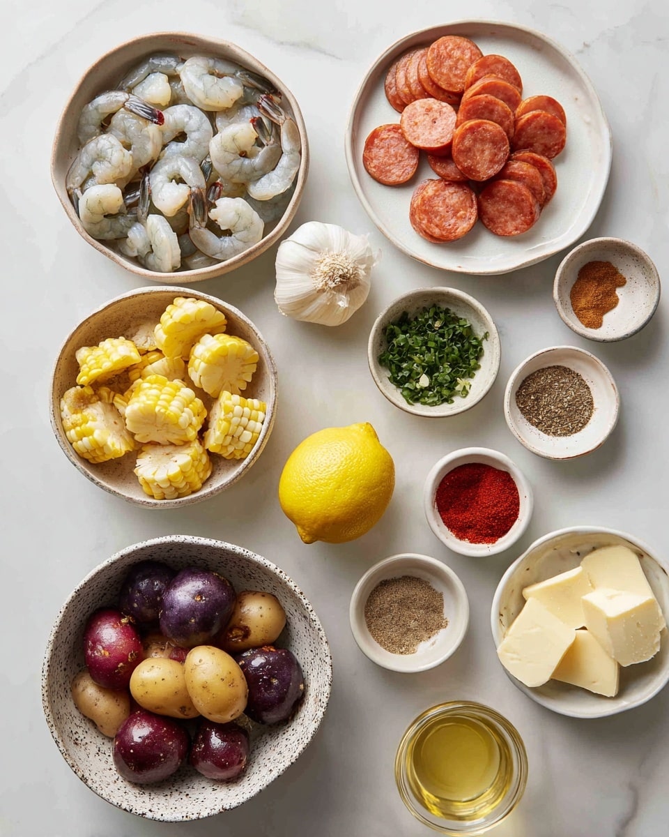 The image shows multiple white bowls and plates on a white marbled surface, each filled with different ingredients. In the center, there is a bowl with raw shrimp that are pale gray and curled. To its right, another bowl contains orange slices of sausage. Below that is a white speckled plate holding yellow corn cut into thick rounds. On the bottom left, a large speckled bowl is full of small red, purple, and yellow potatoes. Above the potatoes, a small bowl contains chopped garlic, and next to it is a whole yellow lemon. Another small bowl nearby holds bright red paprika powder. At the top center, a small white plate has green chopped herbs. Around the shrimp bowl are three small bowls with different brownish-red spices and one with white salt. At the bottom right, a small bowl holds thick slices of pale yellow butter, and next to it is a small cup with a light golden liquid, likely oil. The clean arrangement and simple colors highlight the freshness of the ingredients. photo taken with an iphone --ar 4:5 --v 7