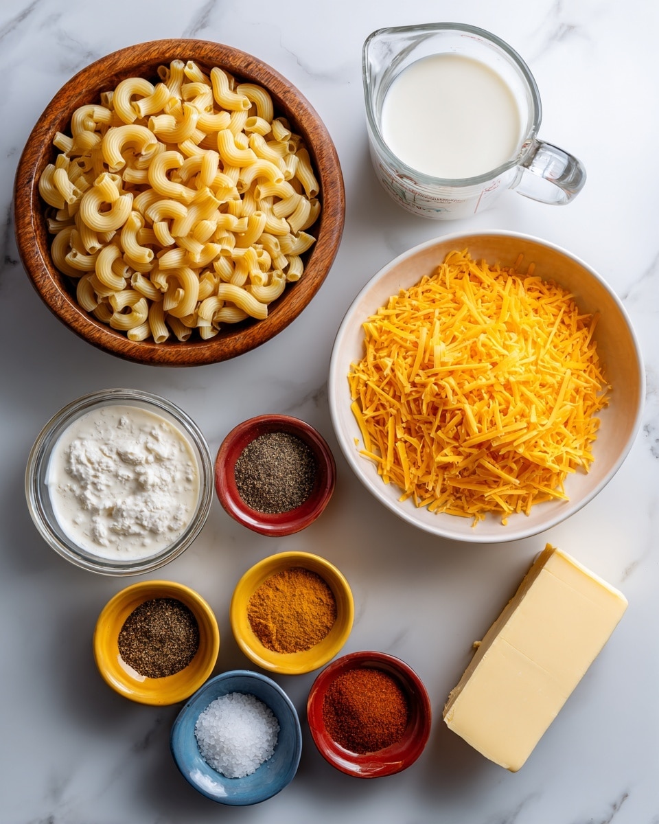 The image shows several ingredients for cooking, all placed on a white marbled surface. There is one large wooden bowl filled with dry elbow pasta in a pale yellow color. Next to it, a white bowl is full of shredded orange-yellow cheese. To the right, a clear glass measuring cup holds fresh white milk. Below these, a smaller clear glass measuring cup contains a creamy white liquid, likely cream. Around these cups and bowls, there are four small round bowls in different colors: one yellow bowl with ground black pepper, one red bowl filled with white coarse salt, another yellow bowl containing a mix of spices including brown and red powders, and one small blue bowl with a light yellow frothy mixture, likely beaten eggs. To the far right, there is a stick of pale yellow butter partially wrapped in its paper. photo taken with an iphone --ar 4:5 --v 7