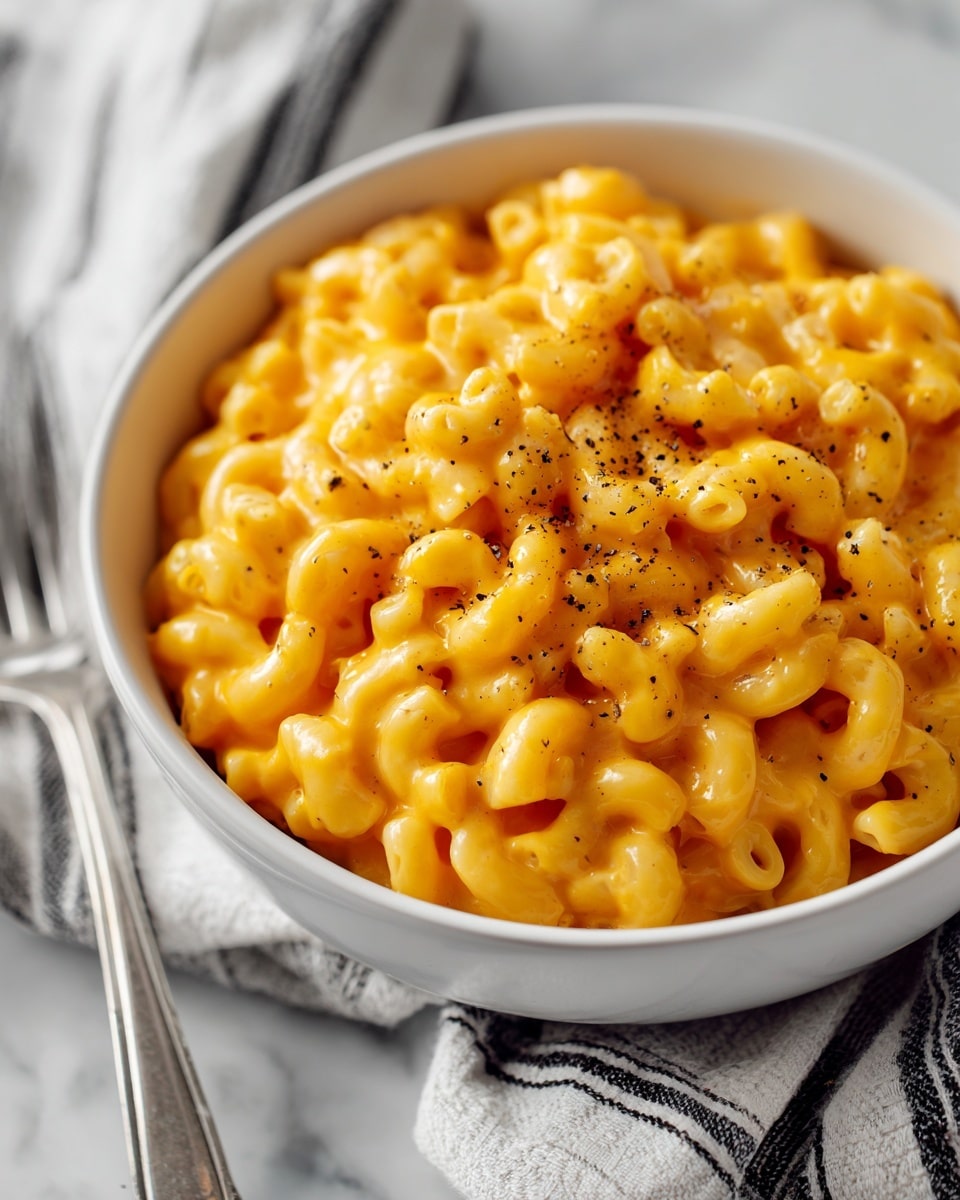 A close-up of a white bowl filled with creamy macaroni and cheese, showing a single layer of small elbow macaroni coated in smooth, bright orange melted cheese, with some black pepper sprinkled on top for contrast. The texture looks rich and soft with the cheese clinging evenly to the pasta. The bowl sits on a white marbled surface with a striped cloth and a silver fork partially visible on the side. photo taken with an iphone --ar 4:5 --v 7
