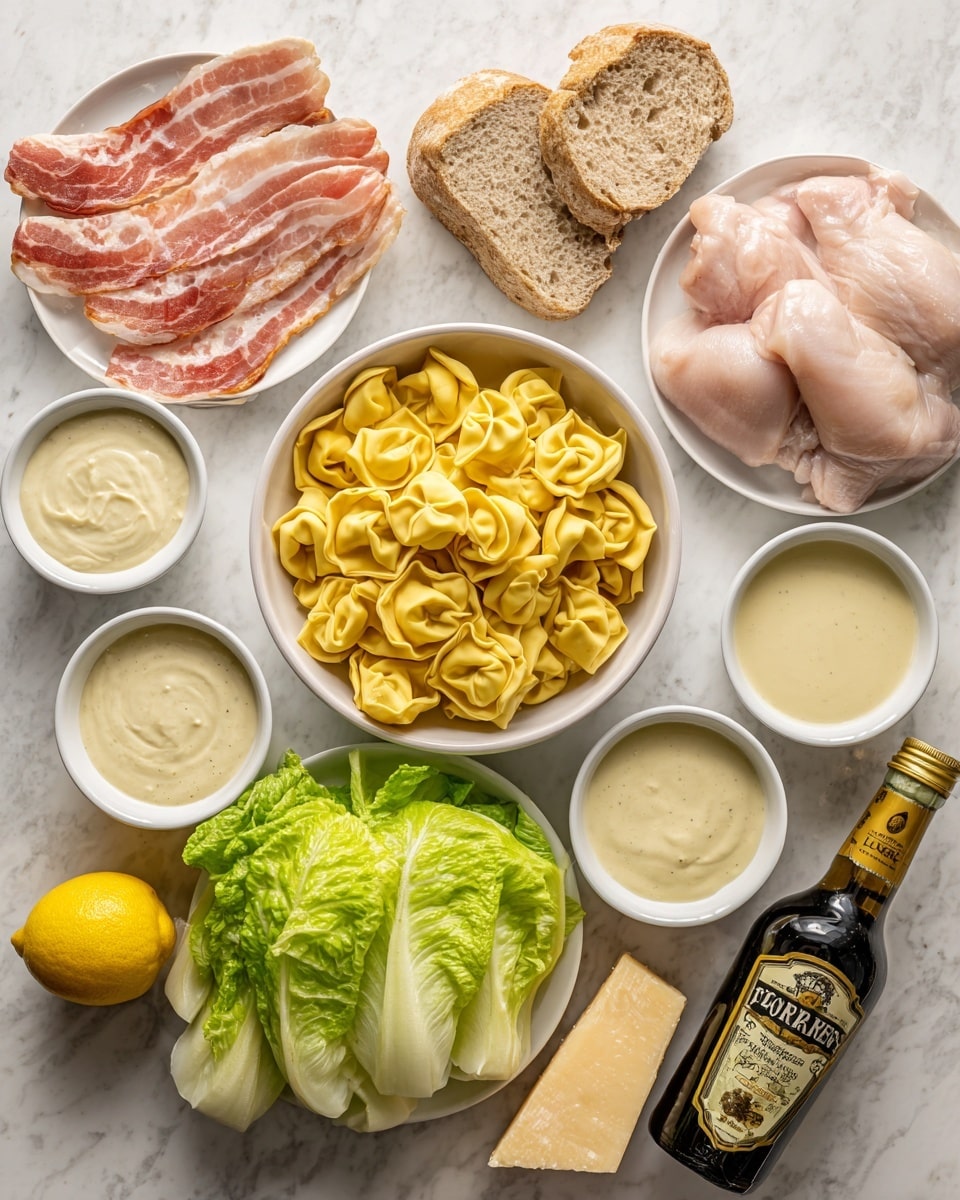 The image shows a top view of ingredients arranged on a white marbled surface. In the center is a white bowl full of yellow tortellini pasta with textured folds, surrounded by several smaller white bowls with smooth creamy sauces in pale colors. Below the pasta is a piece of green romaine lettuce with layered leaves. To the left, a white plate holds several strips of raw bacon with pink and white marbling arranged flat. To the right, a white plate contains two smooth pink raw chicken pieces. Above this plate is a slice of light brown rustic bread with a rough texture. Near the bottom center is a whole bright yellow lemon, next to a bottle of Lea & Perrins sauce with a dark brown label. A wedge of Parmigiano Reggiano cheese with green packaging lies diagonally near the bottom right along with a transparent glass jug with golden oil. Photo taken with an iphone --ar 4:5 --v 7