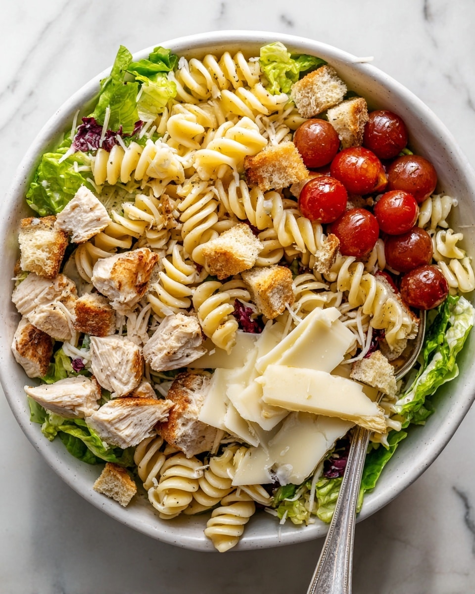 A white bowl filled with a layered pasta salad sitting on a white marbled surface. The first layer is spiral-shaped light yellow pasta, topped with bright green chopped lettuce pieces. Scattered among them are whole red grape tomatoes and light brown crunchy croutons. On top of the salad are light brown cooked chicken chunks and thin, large white cheese slices. A silver fork is placed inside the bowl on the right side. Photo taken with an iphone --ar 4:5 --v 7