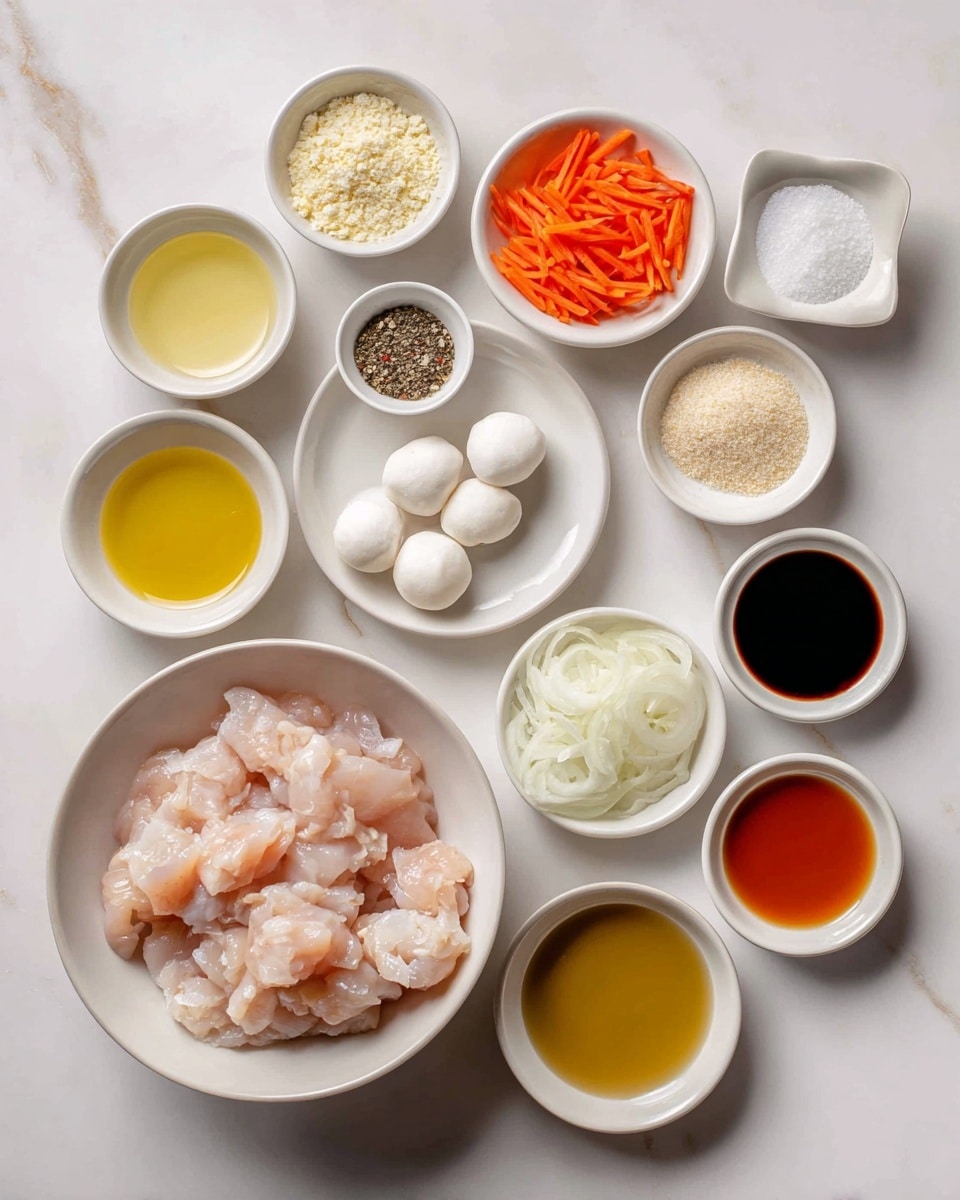 The image shows an arrangement of small white dishes on a white marbled surface. There are twelve dishes in total, each holding a different ingredient. The first dish contains a pale yellow liquid, followed by another dish with finely minced garlic. Next to it, the third dish holds bright orange, thin carrot sticks. The fourth dish holds a small amount of ground black pepper, and the fifth has a small pile of light beige powder. The sixth dish is filled with white granulated sugar, and near it is a dish with thinly sliced white onions. Below these, there is a dish with three small white balls that look like mozzarella cheese. The next dish holds a golden yellow liquid, followed by a dark soy sauce in a dish beside it. There is also a small dish with a clear amber liquid, alongside a dish filled with a pale yellow liquid that appears to be broth. The most prominent dish is a large white bowl at the bottom, filled with raw, pale pink pieces of chicken. The whole setup is neat and the light reflects softly on the smooth surfaces. Photo taken with an iphone --ar 4:5 --v 7