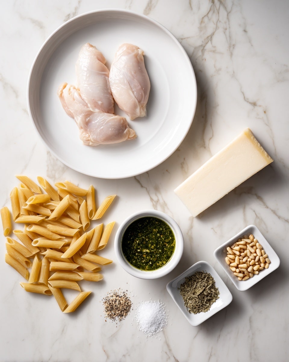 The image shows a white round plate with two raw chicken pieces placed on it at the top left. Below the plate, there are uncooked penne pasta scattered on a white marbled surface. To the right of the pasta is a white triangular piece of hard cheese. Next to the cheese on the right are two small white square bowls, one filled with pine nuts and the other with dried herbs. At the bottom center, there is a white cup filled with green pesto sauce. Below the pasta on the left side, there are two small piles of white salt and black pepper on the white marbled surface. Photo taken with an iphone --ar 4:5 --v 7