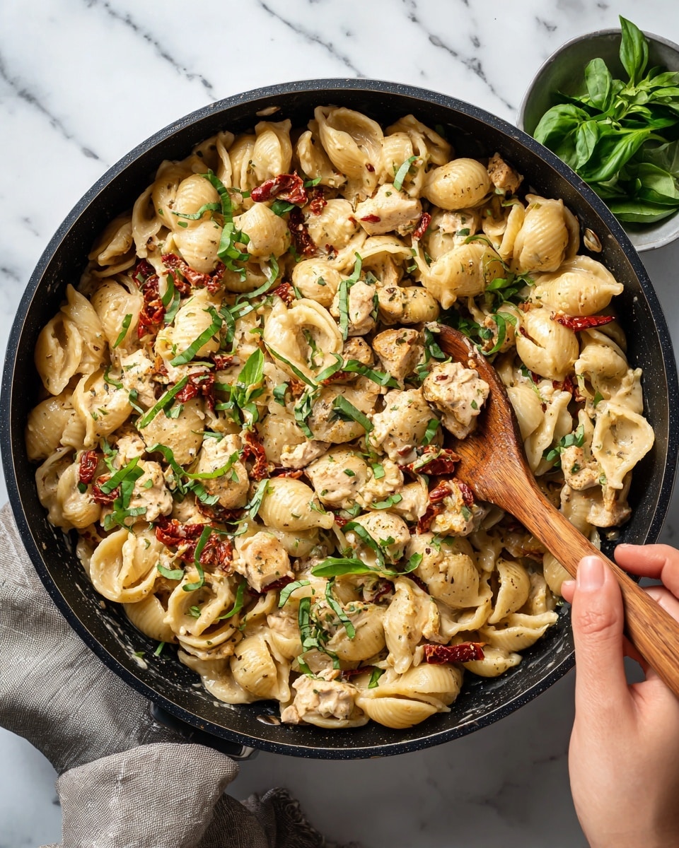 The image shows a large black pan filled with cooked pasta shells mixed with pieces of browned chicken, sun-dried tomatoes, and fresh green basil leaves scattered on top. The pasta is creamy and light in color with a slightly rough texture, while the chicken pieces are golden brown and look tender. The sun-dried tomatoes add deep red spots around the dish, and the fresh basil adds a vibrant green contrast. A woman's hand holds a wooden spoon, stirring the mixture gently. The pan sits on a white marbled surface with a folded gray cloth nearby. Photo taken with an iphone --ar 4:5 --v 7