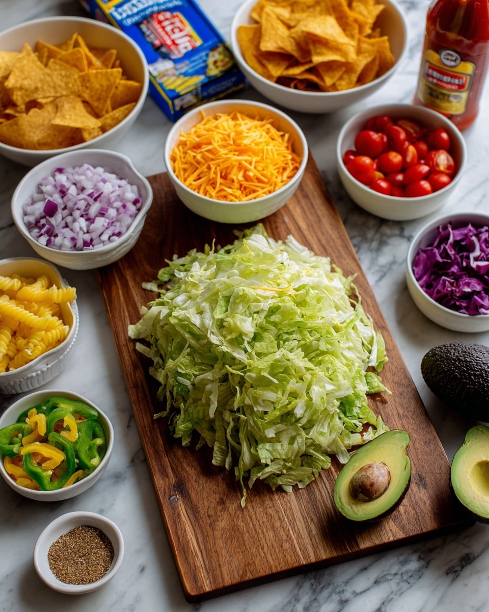 A wooden board holds a large pile of chopped light green lettuce in the center with two small white bowls above it, one filled with shredded orange cheddar cheese and the other with chopped red onion. Surrounding the board, there are six more white bowls with different ingredients: one overflowing with orange tortilla chips, one with chopped yellow bell peppers, one with halved red cherry tomatoes, one with three dark greenish-black avocados, and a small white bowl with brown seasoning. Next to the board and bowls are a white marbled surface, a tube of light sour cream, a blue box of rotini pasta, and a bottle of red French dressing. Photo taken with an iphone --ar 4:5 --v 7