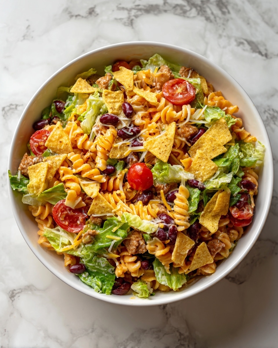 A white bowl filled with a colorful layered salad sits on a white marbled surface. The base layer consists of orange spiral pasta bits mixed with finely shredded cheese, giving a textured look. Scattered on top are dark red kidney beans, bright green leafy lettuce pieces, and vibrant red tomato chunks. Crunchy, irregularly shaped yellow tortilla chip pieces are spread evenly throughout the salad. Small chunks of light beige cooked meat are visible among the other ingredients. The mix looks slightly creamy and well blended, showing a harmonious mix of colors and textures. Photo taken with an iphone --ar 4:5 --v 7