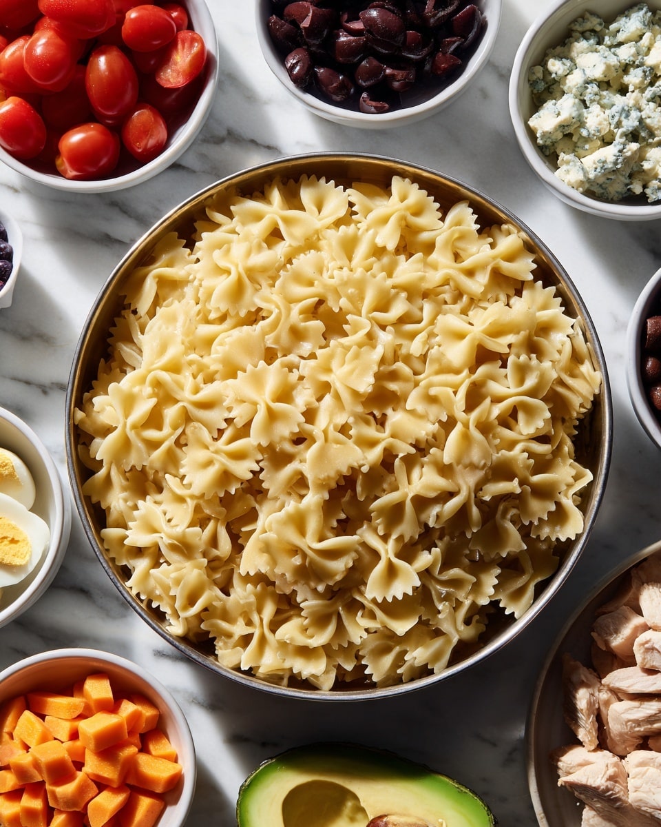 A large metal bowl filled with dry pasta shaped like little bows fills the center of the image. Surrounding it are seven small white bowls placed on a white marbled surface: a bowl of red grape tomatoes on the top left, a bowl of finely chopped dark purple olives next to it, a bowl of dark brown olives past top center, a bowl with small chunks of blue cheese on the top right, a bowl with small white and orange chopped boiled eggs on the bottom left, a halved avocado with bright green flesh and dark skin just below the pasta bowl, and a bowl with light brown cooked chicken pieces on the bottom right. The lighting is bright and soft, highlighting the colors and textures of each ingredient clearly. photo taken with an iphone --ar 4:5 --v 7