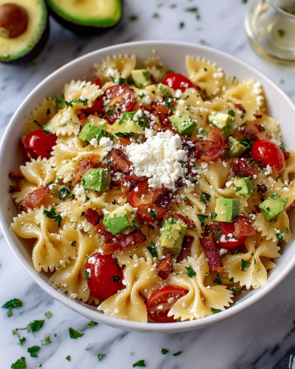 The image shows a white bowl filled with farfalle pasta mixed with bright red grape tomatoes evenly distributed throughout. On top, there are light green avocado chunks scattered, along with crispy brown bacon pieces. A small pile of crumbly white cheese is placed near the center, and bits of chopped green herbs are sprinkled around. The bowl sits on a white marbled surface with blurred background elements, including an avocado and a glass. Photo taken with an iphone --ar 4:5 --v 7