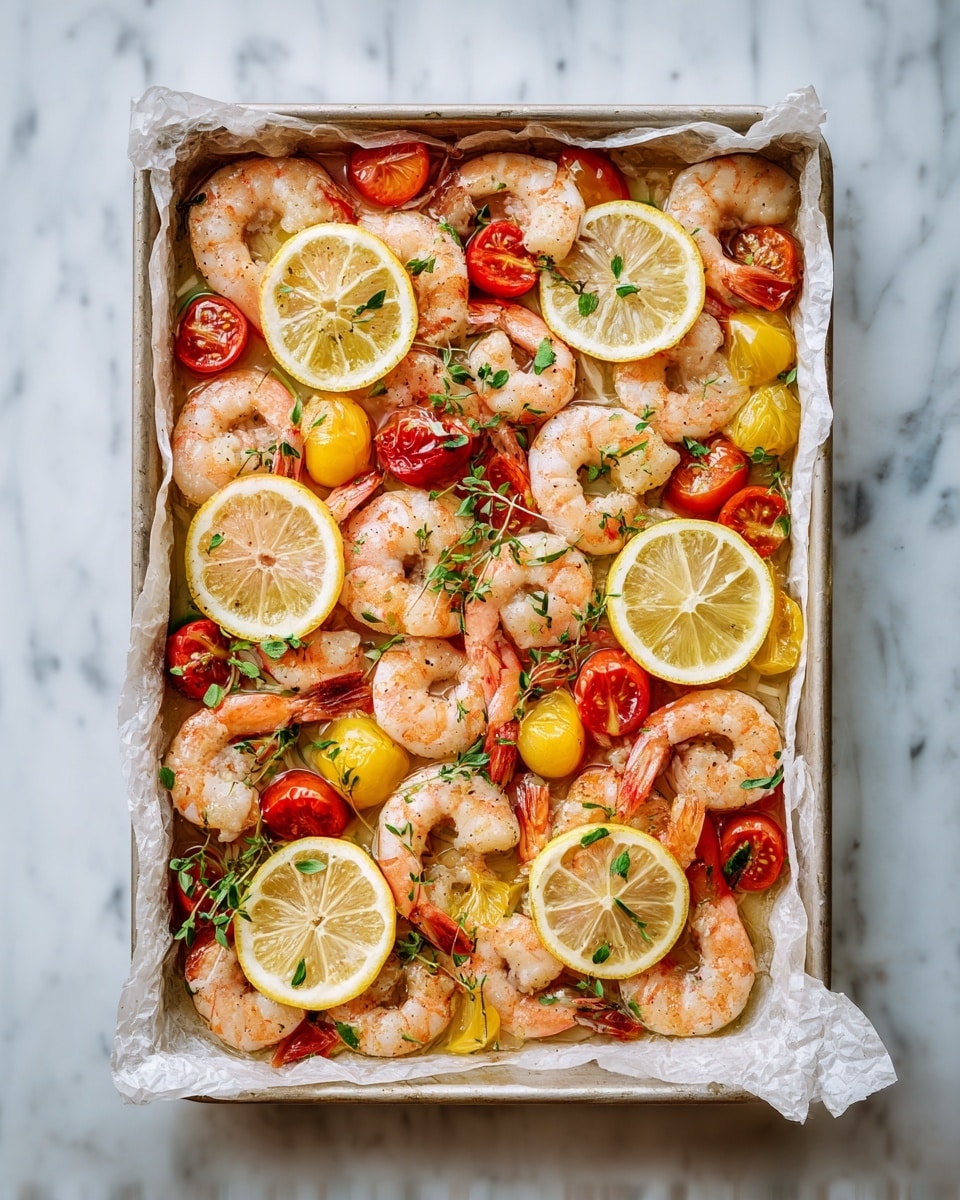 A large baking tray filled with cooked shrimp and sliced lemon rounds on top of a white marbled surface. The shrimp are light pink with a slightly shiny texture, scattered evenly across the tray. Mixed with the shrimp are slices of red and yellow cherry tomatoes, adding pops of red and yellow color throughout the dish. The lemon slices are pale yellow with their peels still on, layered on top of the shrimp. Some small green herb leaves are spread over the dish, adding a fresh touch. The tray is lined with crinkled white parchment paper, and the background is a white marbled texture. photo taken with an iphone --ar 4:5 --v 7
