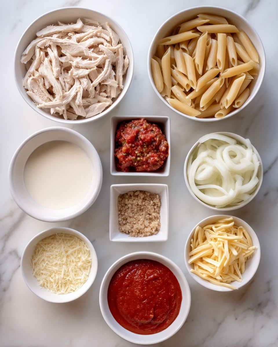 The image shows nine white bowls and containers placed on a white marbled surface. Starting from the top left, there is a bowl filled with strips of cooked light beige chicken. To the right is a small bowl containing a chunky red tomato mix. Below that, a tiny square bowl holds a light brown minced garlic mixture. Next to it is a slightly larger bowl filled with light yellow grated parmesan cheese. At the bottom left, there is a larger bowl filled with creamy white liquid, likely milk or cream. To its right is a bowl with smooth red tomato sauce. Above that, a bowl of thinly sliced white onions. Finally, on the far right, there is a bowl containing shredded yellow shredded cheese. A larger bowl on the upper right holds al dente light beige penne pasta. Photo taken with an iphone --ar 4:5 --v 7