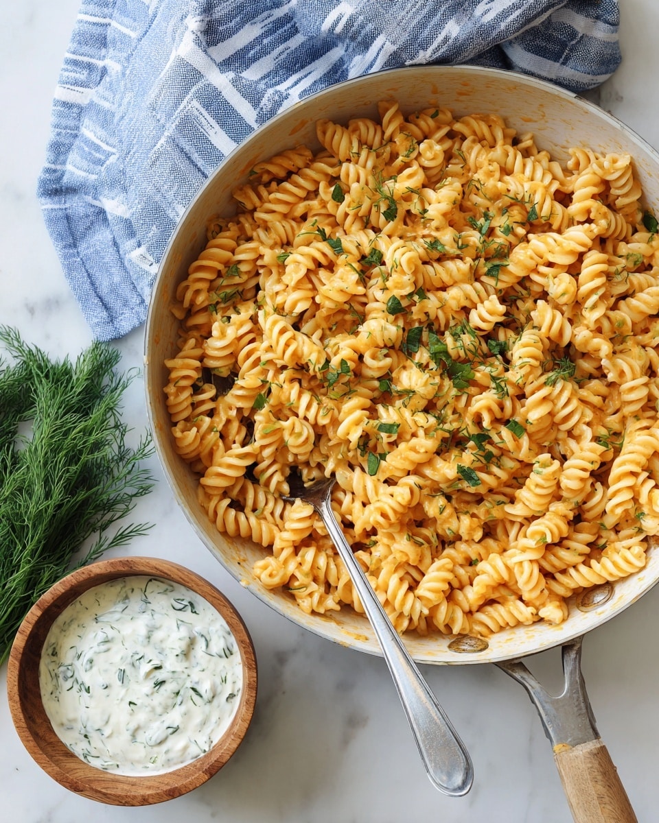 A white pan filled with creamy orange rotini pasta mixed with small green herb pieces on top, with a silver spoon resting inside the pan partially covered by the pasta. Next to the pan, there is a small wooden bowl containing a white creamy sauce with green herbs on it, and some fresh green dill is beside the bowl on a white marbled surface. A blue cloth with white stripes is placed casually above the pan. photo taken with an iphone --ar 4:5 --v 7