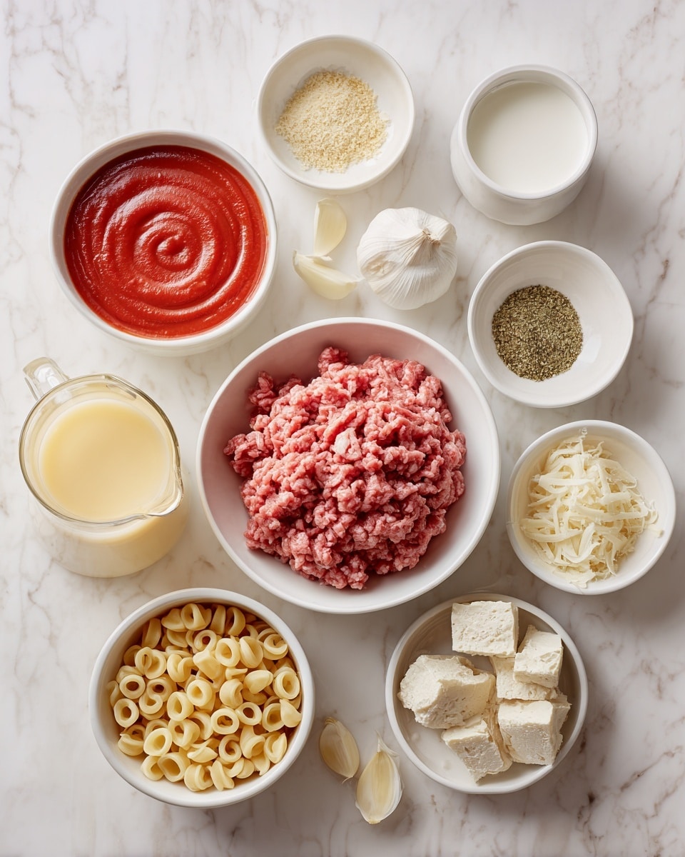 The image shows nine small white bowls and a glass container arranged on a white marbled surface, each holding a different ingredient. At the center, there is a bowl filled with raw ground meat that has a pink and slightly coarse texture. To the left of it, a white bowl contains thick red tomato sauce swirled smoothly. Below that is a small glass jug filled with light yellow broth. To the lower left is a white bowl of dry small ring-shaped pasta in a pale yellow color. To the right of the meat is a bowl of torn white bread pieces with a rough, fluffy texture. Above that is a smaller bowl with two hard cheese chunks and grated cheese in creamy off-white and orange shades. Beside that, another bowl holds dry herb and spice mix with beige and green colors. At the top center is a bowl with garlic cloves in white paper coverings. Finally, to the far right there are two small white containers, one with a little olive oil in golden-yellow and the other with white milk. Photo taken with an iphone --ar 4:5 --v 7