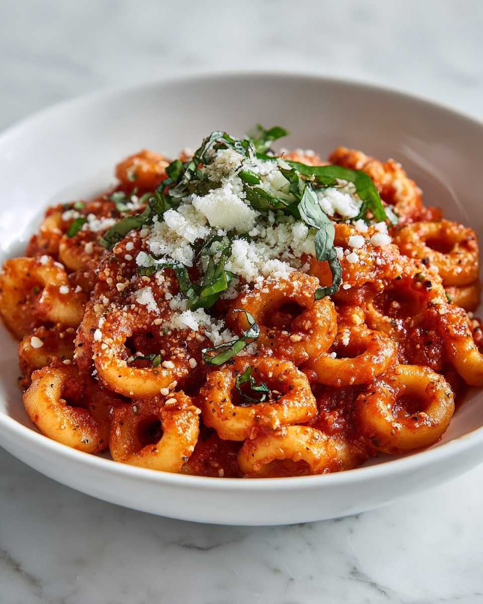 The image shows a white bowl filled with small ring-shaped pasta covered in rich red tomato sauce with visible bits of herbs and spices. On top of the pasta sits a small pile of grated white cheese sprinkled with fresh green basil leaves. The textures include the smooth, slightly shiny surface of the pasta, the chunky sauce that clings to each ring, and the soft, crumbly cheese contrasted by fresh leafy greens. The bowl is placed on a white marbled surface. photo taken with an iphone --ar 4:5 --v 7