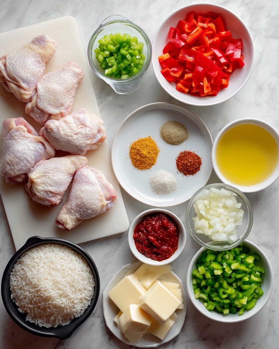 The image shows raw ingredients arranged on a white marbled surface. On the left, there are five pieces of raw chicken thighs with pale pink skin placed on a white cutting board. Nearby, a small clear cup holds chopped green bell peppers. In the center, a white plate has five piles of spices in round spots: light beige, reddish brown, dark gray, white, and orange brown. Below that, a black measuring cup contains white rice grains. To the right, a white bowl is filled with chopped red bell peppers and a measuring cup with yellow broth is partially visible. There is a small white bowl with minced garlic next to a white plate with chopped white onions. Another white plate holds chopped green bell peppers. A small white bowl has a thick red paste, while a small white bowl contains square pieces of butter. Finally, a tiny white cup has yellow oil. All containers and dishes are white, and everything sits on a white marbled surface. Photo taken with an iphone --ar 4:5 --v 7