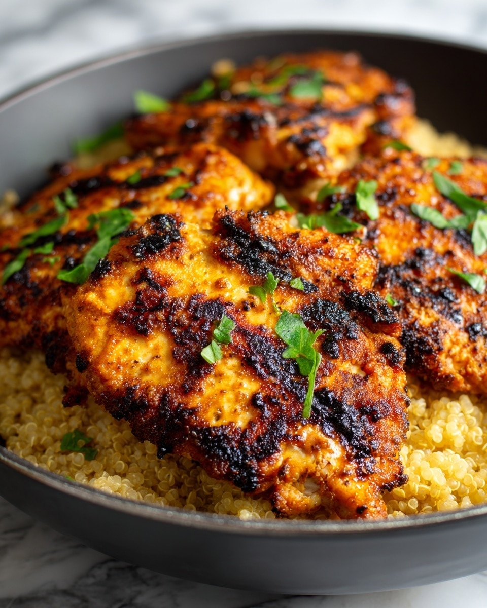 The image shows three pieces of golden brown grilled chicken placed on top of a bed of creamy textured grains, likely rice or quinoa, all inside a dark-colored pan. The chicken has crispy, charred spots and is sprinkled with small green herb pieces for garnish, adding a fresh contrast to the warm colors of the chicken. The grains underneath peek around the edges of the chicken, giving a soft, slightly moist look. The background is a white marbled texture. photo taken with an iphone --ar 4:5 --v 7