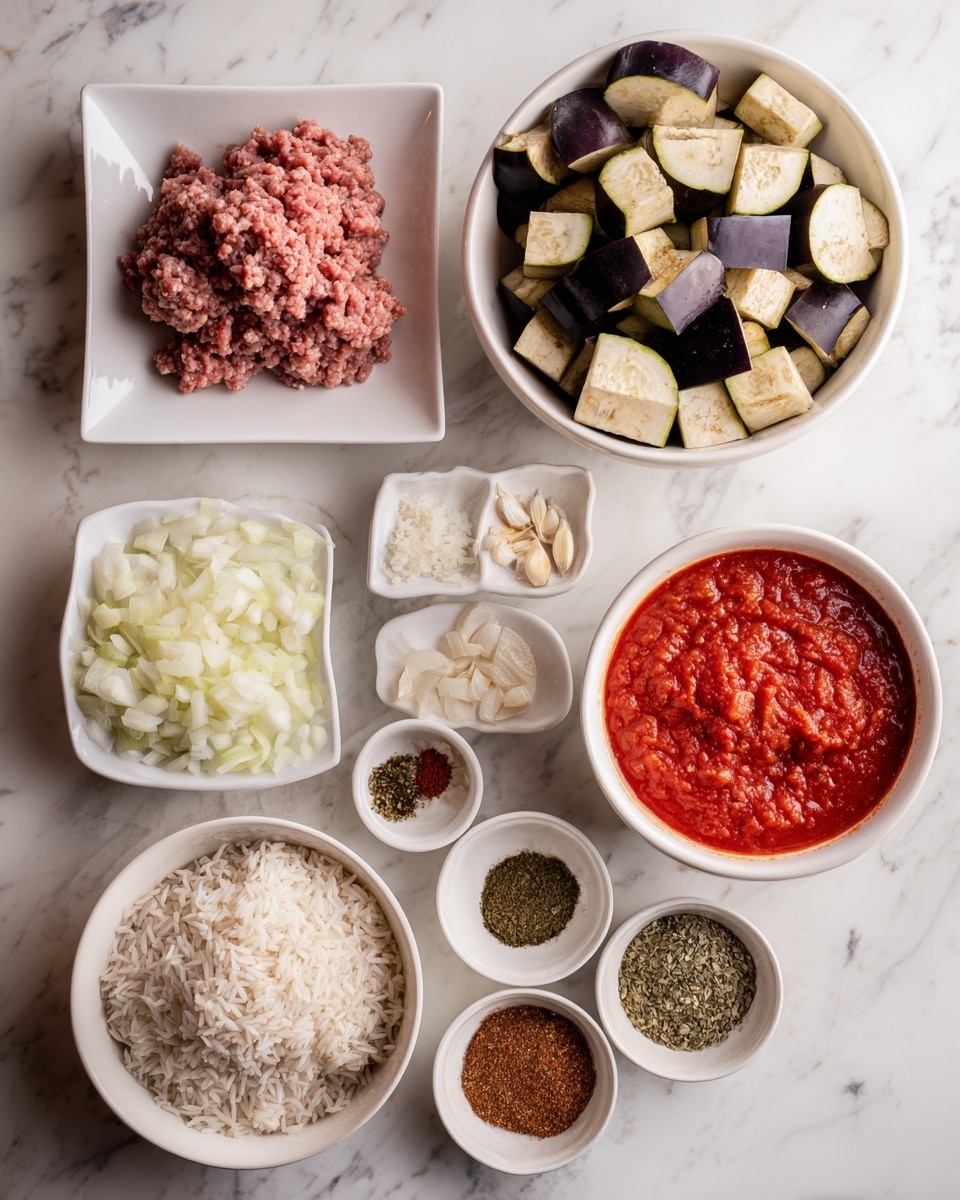 The image shows several white plates and bowls arranged on a white marbled surface, each holding different ingredients. There is a square white plate with fresh pink ground meat in the top left, a white bowl filled with cut eggplant pieces to the top right, and a white bowl with dry, white rice below the eggplant. A large white bowl at the bottom right is filled with bright red tomato sauce. Smaller white bowls contain neatly chopped onion pieces, minced garlic, dried herbs, chili flakes, and a spice mix of brown powder. The spices and herbs are arranged in small white bowls, each displaying their different colors and textures clearly. photo taken with an iphone --ar 4:5 --v 7