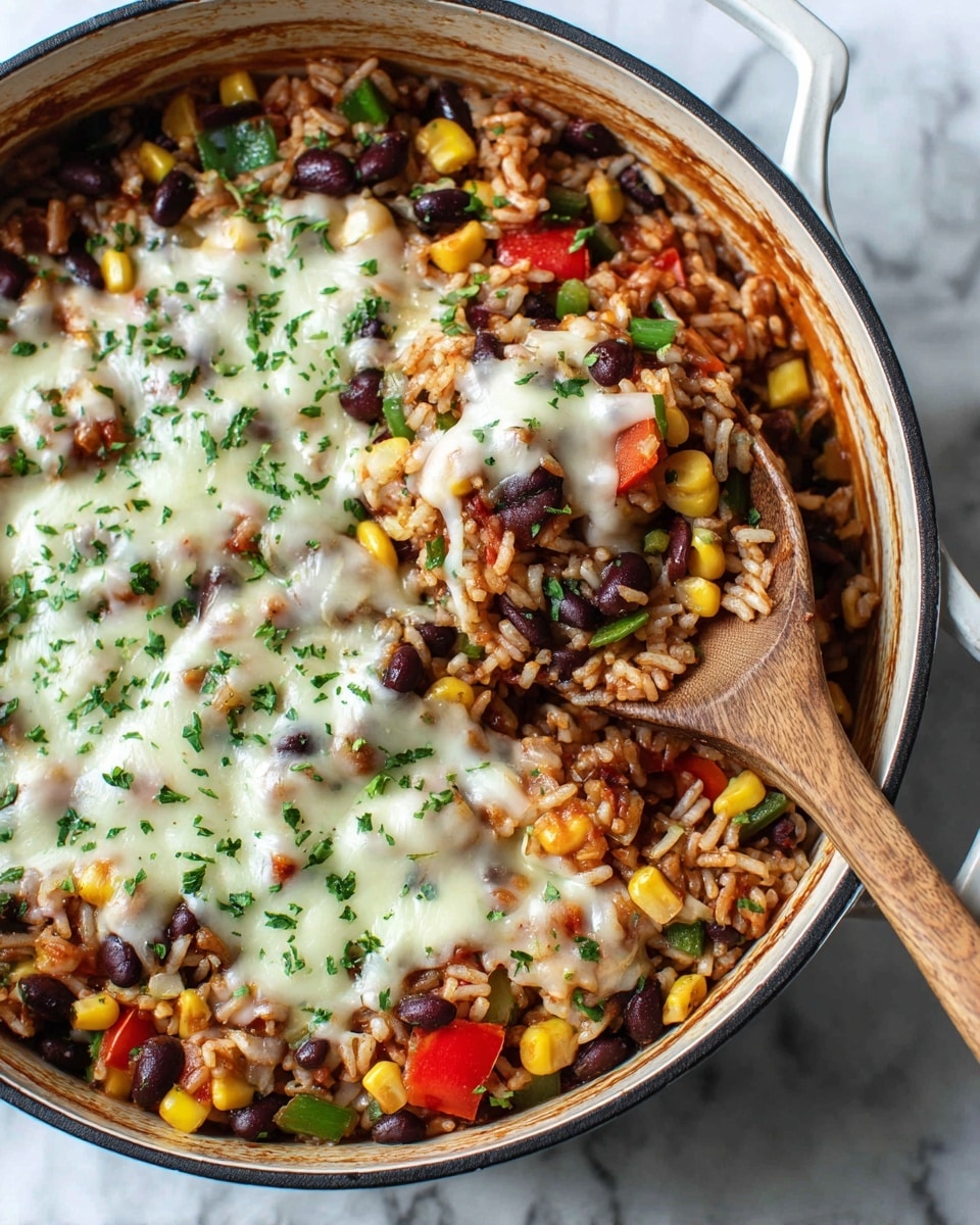 A pot filled with a colorful rice dish mixed with black beans, corn, and small pieces of red and green vegetables, topped with a melted layer of creamy white cheese sprinkled with small green herb bits. A spoon is scooping out a portion from the right side, showing the mixed ingredients under the cheese layer. The pot sits on a white marbled surface. photo taken with an iphone --ar 4:5 --v 7