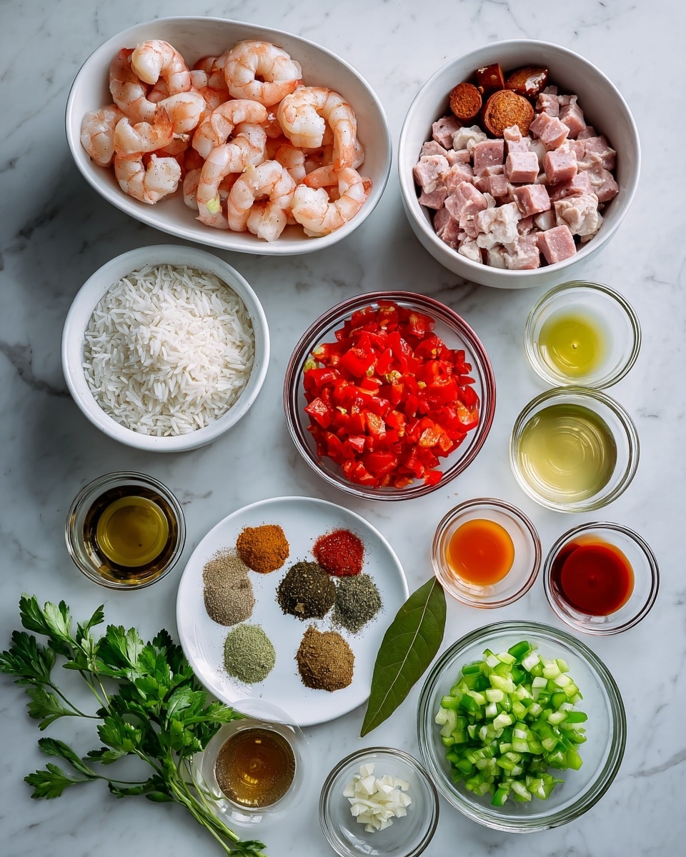 The image shows a top view of various cooking ingredients arranged neatly on a white marbled surface. There are three white bowls at the top containing pink shrimp on the left, sliced brown sausage in the center, and diced light pink raw chicken on the right. Below these, smaller clear glass bowls hold red chopped bell peppers, white rice, and crushed red tomatoes. A white plate in the middle has six piles of spices in green, black, brown, and light brown shades, along with a single bay leaf. Small cups around the spices contain liquids: light yellow oil, darker olive oil, and a reddish-orange sauce. Other small bowls hold minced garlic, sliced green peppers, chopped onions, and a small bunch of fresh green parsley leaves is at the bottom right. The scene is clean, bright, and organized with a fresh look. photo taken with an iphone --ar 4:5 --v 7