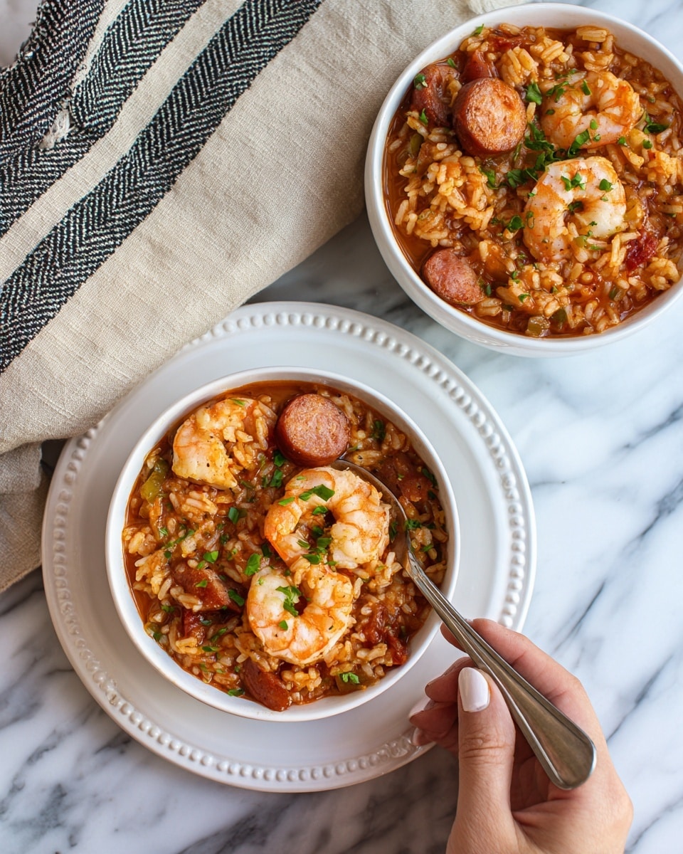 There are two white bowls filled with a dish made of reddish-orange rice mixed with shrimp and sausage slices. The rice looks soft and saucy, with small green herb pieces sprinkled on top. Each bowl sits on a white plate with a beaded edge, and a metal spoon is resting inside the closer bowl. A woman's hand is holding the spoon slightly above the bowl, ready to scoop some food. The background has a white marbled texture with a beige and black striped cloth folded near the bowls. Photo taken with an iphone --ar 4:5 --v 7