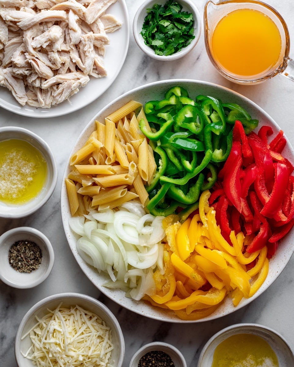 The image shows a white round plate filled with three layers of sliced bell peppers arranged side by side: red on the right, green in the middle, and yellow on the left. Surrounding the plate on a white marbled surface are small white bowls and clear glass containers holding various ingredients including yellow oil, minced garlic, chopped cilantro, shredded white cheese, a mix of powdered spices, uncooked penne pasta, sliced raw chicken strips on a white plate, sliced white onions, ground black pepper in a small bowl, and a pitcher of orange liquid, all neatly placed in a flat lay style. The overall scene is bright with fresh and raw ingredients clearly visible, emphasizing their colors and textures. photo taken with an iphone --ar 4:5 --v 7