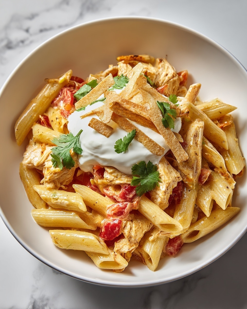 A white bowl filled with a layer of cooked penne pasta, pale yellow and slightly shiny, mixed with a creamy sauce that has chunks of red tomato and light brown pieces, likely chicken. On top, there is a scoop of white sour cream with small green leaves of cilantro scattered over it. The sour cream is topped with thin, light brown tortilla strips that add a crunchy texture. The bowl is placed on a white marbled surface with a soft light coming from the side. photo taken with an iphone --ar 4:5 --v 7
