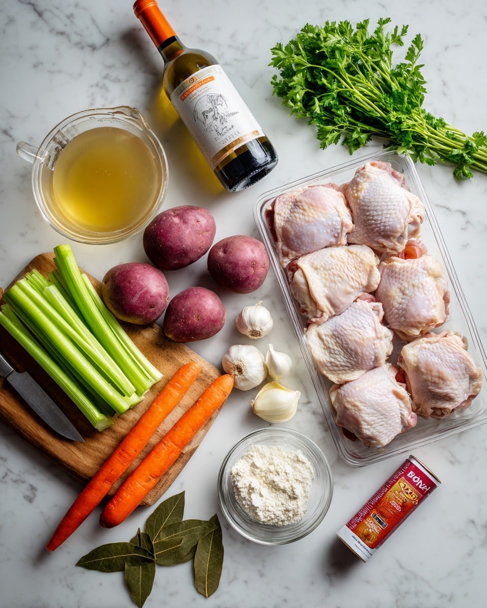 The image shows raw ingredients arranged on a white marbled surface, ready for cooking. There are six light pink chicken thighs in a clear plastic tray on the top right. In the middle, there are three round purple-red potatoes and a long orange carrot next to them. On the left side, a wooden cutting board holds sliced and whole celery stalks with a small knife placed on it. Near the cutting board, there is a small glass bowl with white flour and a larger glass bowl filled with finely chopped white onions. Three garlic cloves and two dark green bay leaves are placed near the center. At the top, a glass measuring cup is filled with light yellow broth, and a wine bottle with a white label and orange accent is nearby. Fresh dark green parsley leaves are placed at the upper right corner. A red and white tube of tomato paste lies horizontally near the potatoes. photo taken with an iphone --ar 4:5 --v 7