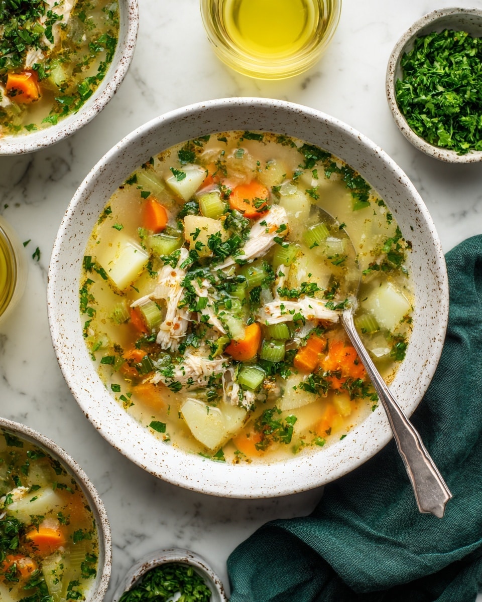 The image shows a bowl of thick chicken soup with three visible layers: the base layer is light beige broth, mixed with orange carrot slices and white potato chunks spread evenly; the middle layer has tender pieces of cooked chicken and diced celery in pale green scattered throughout; the top layer is bright green chopped parsley sprinkled on top for a fresh touch. The bowl is white with a speckled pattern and sits on a white marbled surface surrounded by small bowls of fresh chopped parsley, celery, carrot slices, and yellow liquid in clear glasses. A silver spoon rests inside the main bowl, with a dark green cloth napkin beside it. Photo taken with an iphone --ar 4:5 --v 7