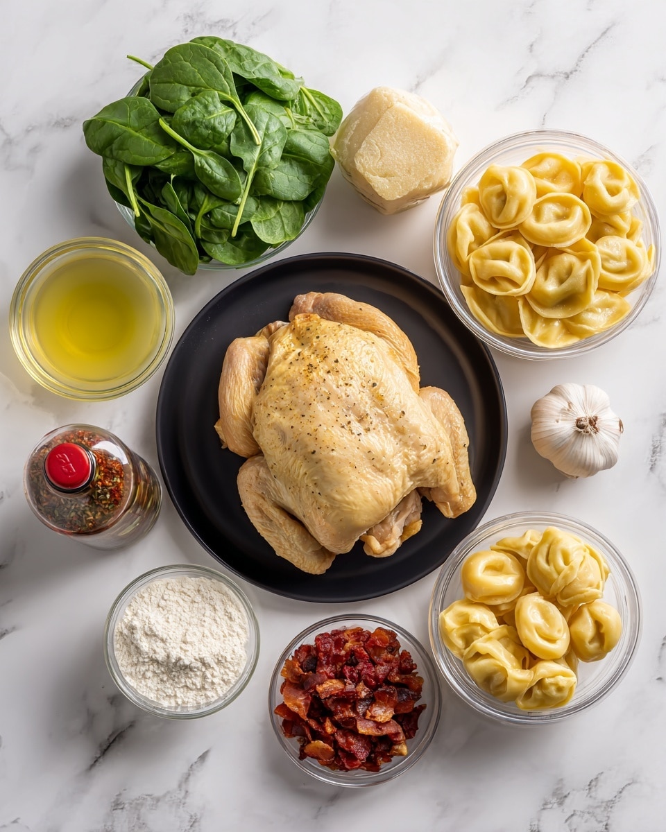 The image shows cooking ingredients arranged on a white marbled texture. There is a black plate in the center holding a whole cooked piece of chicken with a light brown color and smooth texture. Around the plate, various ingredients include a bright green bag of baby spinach with visible fresh leaves, a clear container of tortellini pasta showing yellow folded shapes, a container of chicken broth with a light yellow label, a small bottle of sun-dried tomatoes with a red-brown color and herbs inside, a small bowl of white flour, a small bowl of olive oil with a golden yellow color, and a small bowl of cooked crispy bacon bits with a reddish-brown texture. Also placed nearby is a whole garlic bulb. photo taken with an iphone --ar 4:5 --v 7