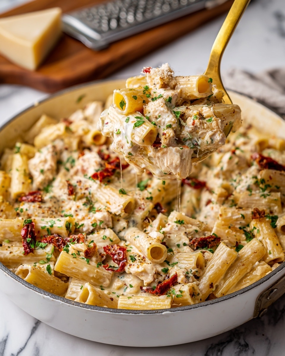 Inside a large white pan, there is a creamy pasta dish with many layers, starting with tube-shaped pasta mixed with small pieces of light golden chicken. There are sun-dried tomatoes adding pops of dark red color throughout the dish. The pasta is covered in a smooth, beige creamy sauce with visible herbs and grated cheese sprinkled on top. Small green parsley pieces are scattered all over, adding freshness. A golden spoon is lifting a portion of the pasta, showing the thick sauce and chunky pasta layers clearly. The background shows a white marbled surface with a wooden cutting board and a grater nearby. Photo taken with an iphone --ar 4:5 --v 7
